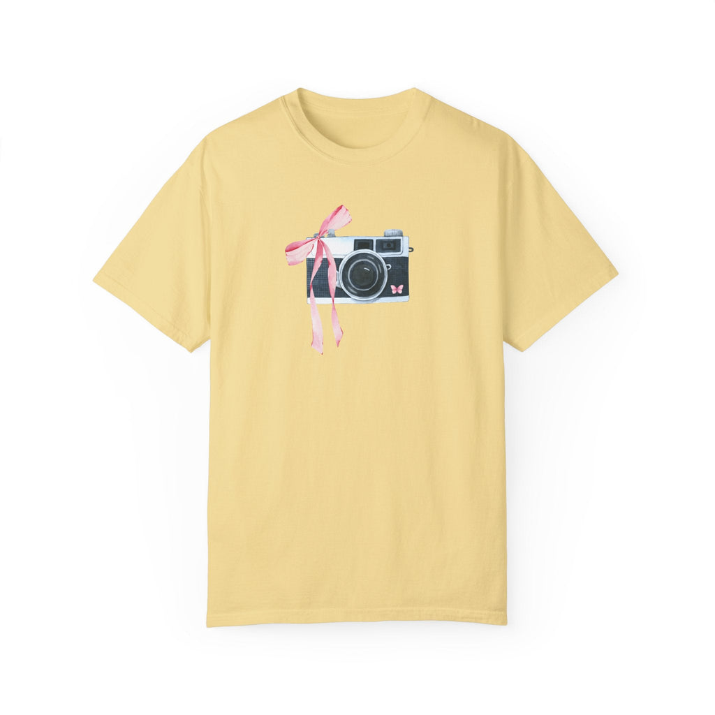 Cottagecore Camera Tee Shirt with Cute Pink Bow: Colorful and Kitschy Coquette Aesthetic T-Shirt for Wedding Photographer, Boho Butterfly - Opal and June
