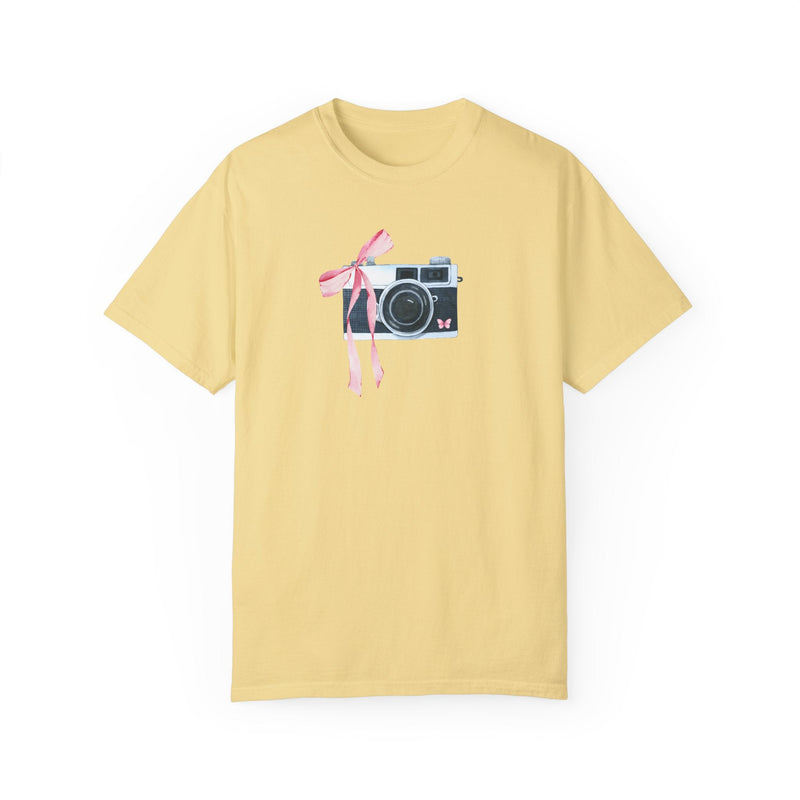 Cottagecore Camera Tee Shirt with Cute Pink Bow: Colorful and Kitschy Coquette Aesthetic T-Shirt for Wedding Photographer, Boho Butterfly - Opal and June