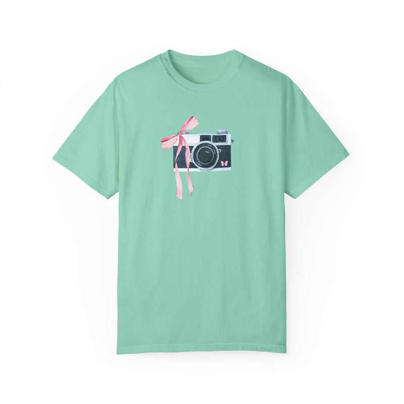Cottagecore Camera Tee Shirt with Cute Pink Bow: Colorful and Kitschy Coquette Aesthetic T-Shirt for Wedding Photographer, Boho Butterfly - Opal and June