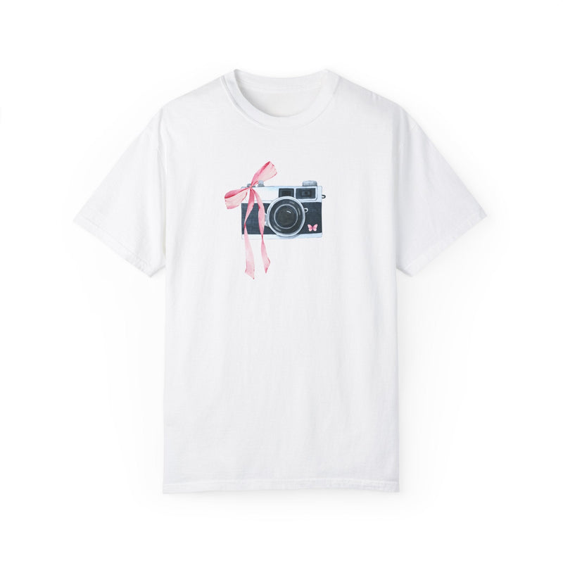 Cottagecore Camera Tee Shirt with Cute Pink Bow: Colorful and Kitschy Coquette Aesthetic T-Shirt for Wedding Photographer, Boho Butterfly - Opal and June
