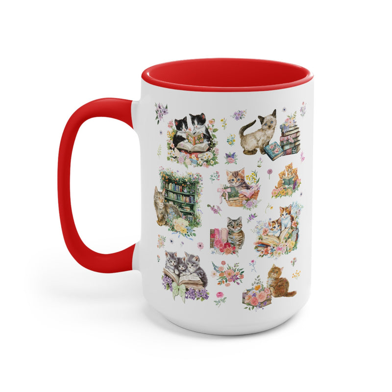 Cottagecore Cat Coffee Mug for Book Lover, Cat Mom or Cat Dad Romance Reader Present with Flowers, Goblincore Kitten Floral Mug for Bookworm - Opal and June