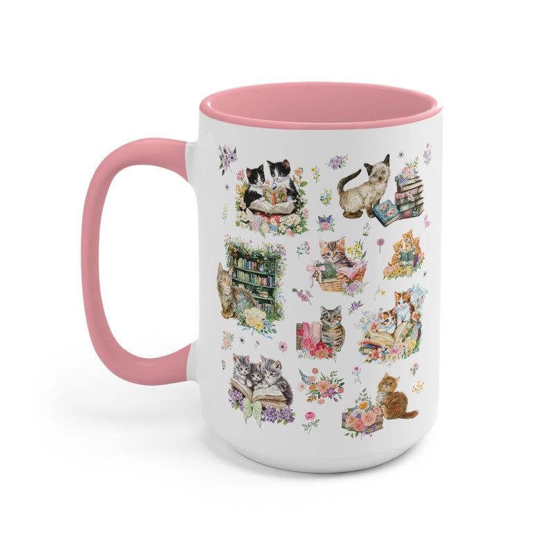 Cottagecore Cat Coffee Mug for Book Lover, Cat Mom or Cat Dad Romance Reader Present with Flowers, Goblincore Kitten Floral Mug for Bookworm - Opal and June