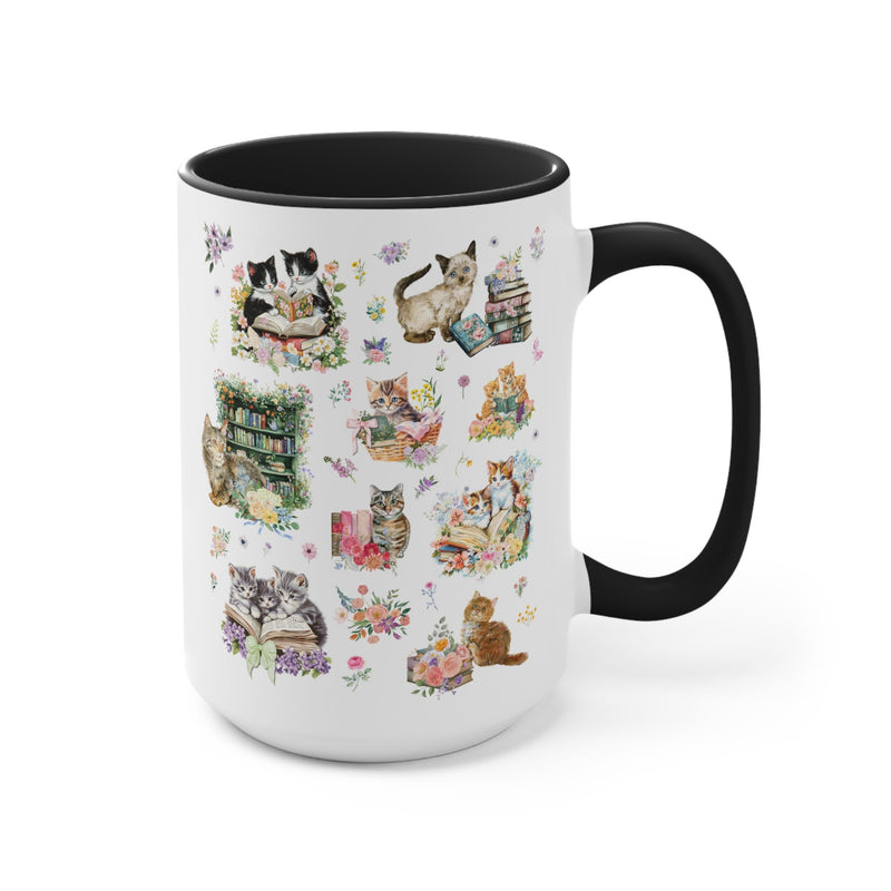 Cottagecore Cat Coffee Mug for Book Lover, Cat Mom or Cat Dad Romance Reader Present with Flowers, Goblincore Kitten Floral Mug for Bookworm - Opal and June