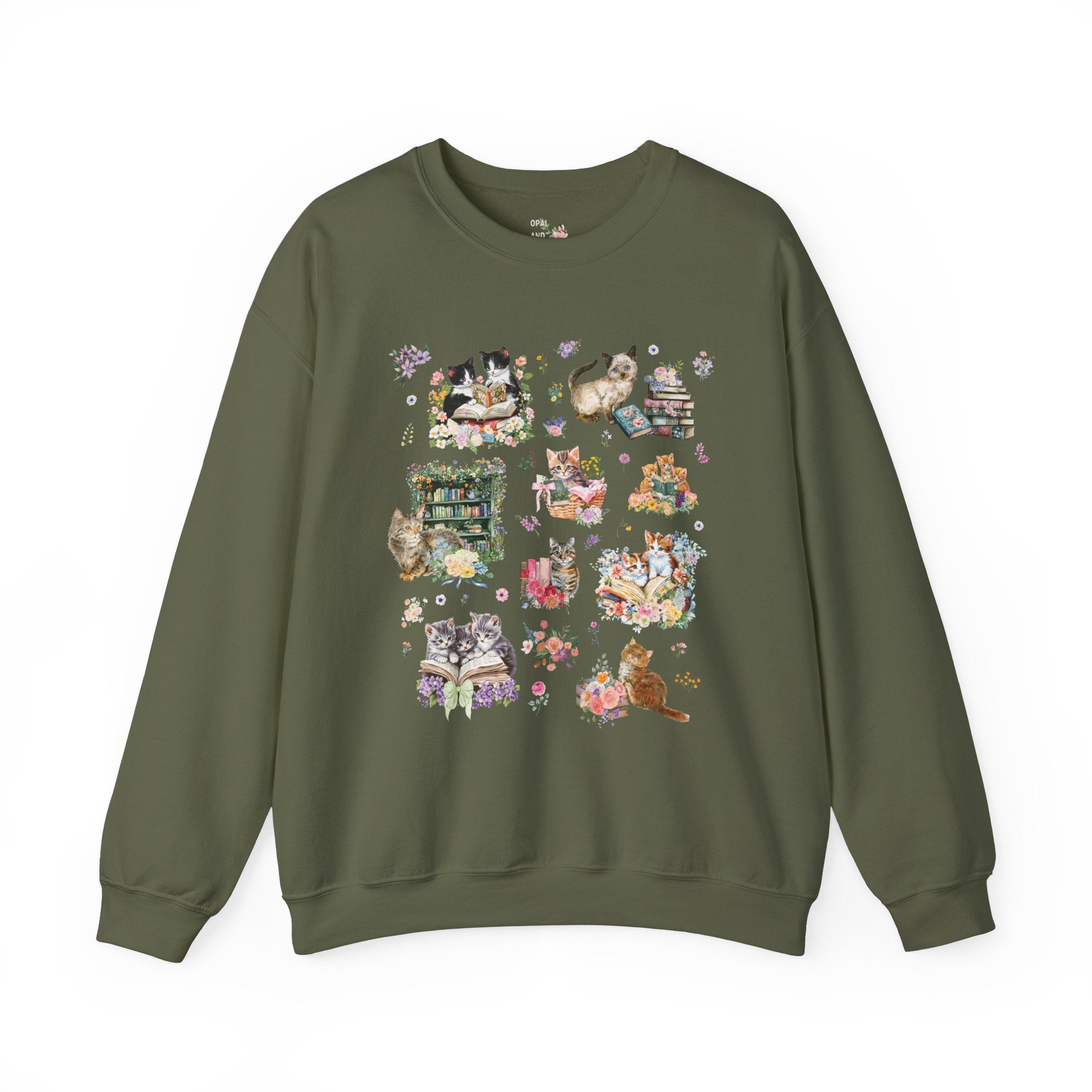 Cottagecore Cat Sweatshirt for Book Lover, Cat Mom or Cat Dad Romance Reader Shirt with Flowers, Goblincore Kitten Floral Gift for Bookworm - Opal and June