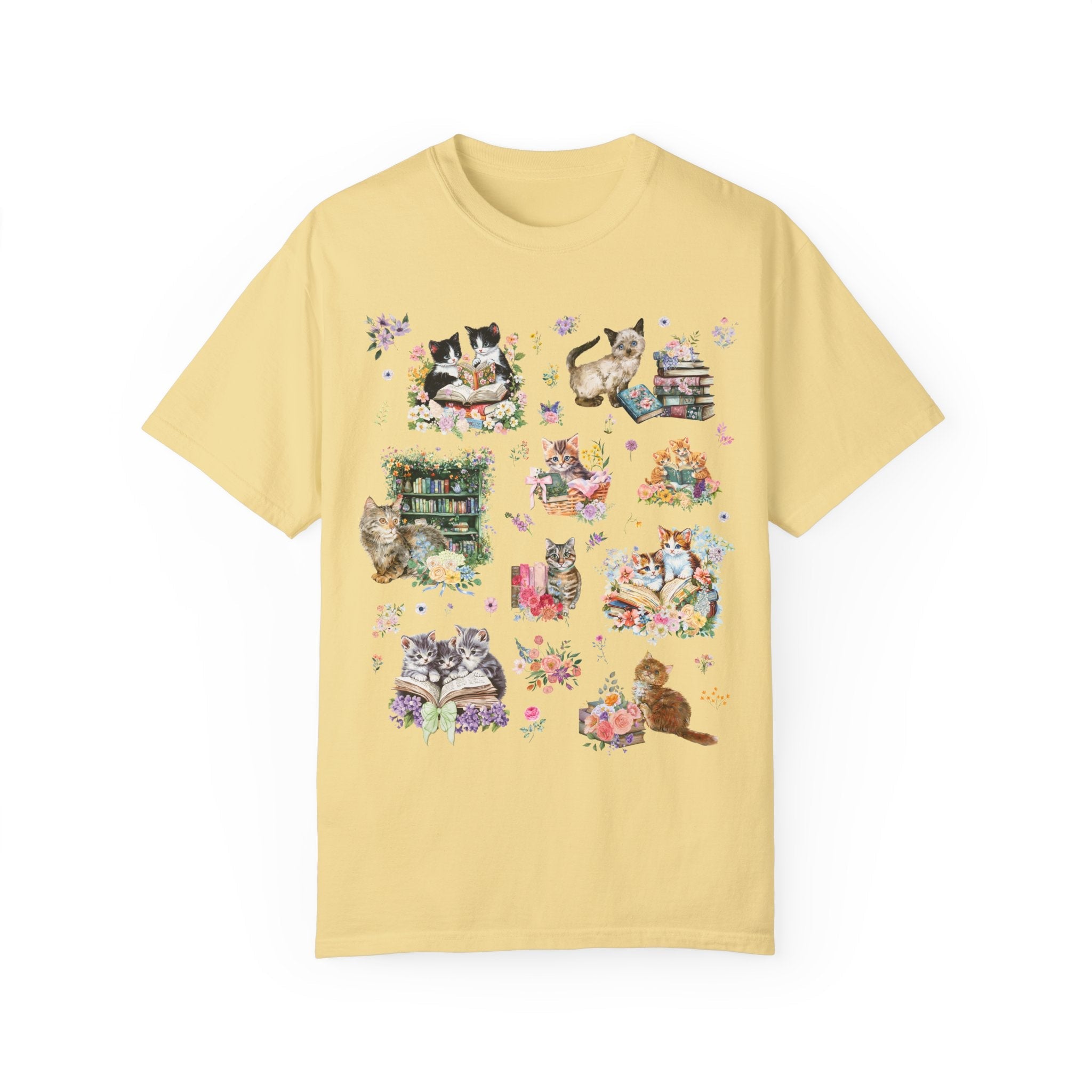 Cottagecore Cat Tee Shirt for Book Lover, Cat Mom or Cat Dad Romance Reader T-Shirt with Flowers, Goblincore Kitten Floral Tee for Bookworm - Opal and June