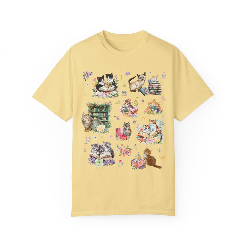 Cottagecore Cat Tee Shirt for Book Lover, Cat Mom or Cat Dad Romance Reader T-Shirt with Flowers, Goblincore Kitten Floral Tee for Bookworm - Opal and June