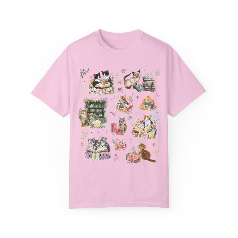 Cottagecore Cat Tee Shirt for Book Lover, Cat Mom or Cat Dad Romance Reader T-Shirt with Flowers, Goblincore Kitten Floral Tee for Bookworm - Opal and June