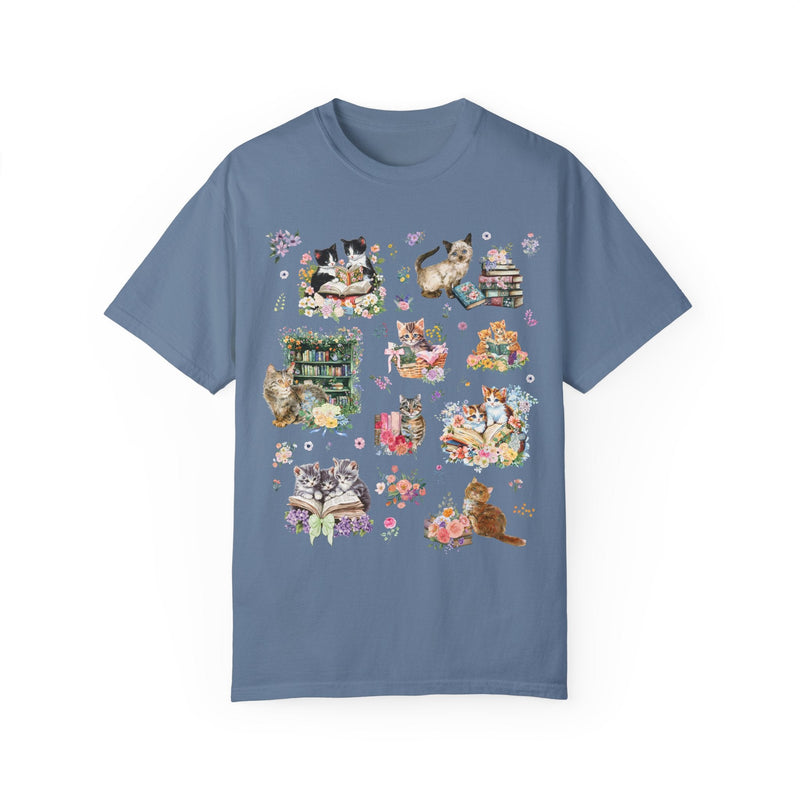 Cottagecore Cat Tee Shirt for Book Lover, Cat Mom or Cat Dad Romance Reader T-Shirt with Flowers, Goblincore Kitten Floral Tee for Bookworm - Opal and June