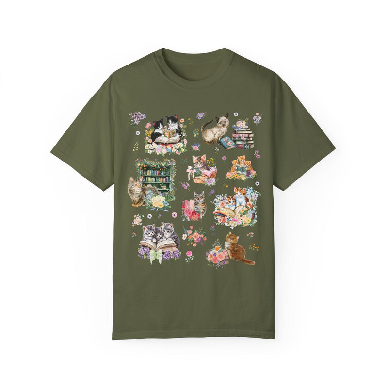 Cottagecore Cat Tee Shirt for Book Lover, Cat Mom or Cat Dad Romance Reader T-Shirt with Flowers, Goblincore Kitten Floral Tee for Bookworm - Opal and June