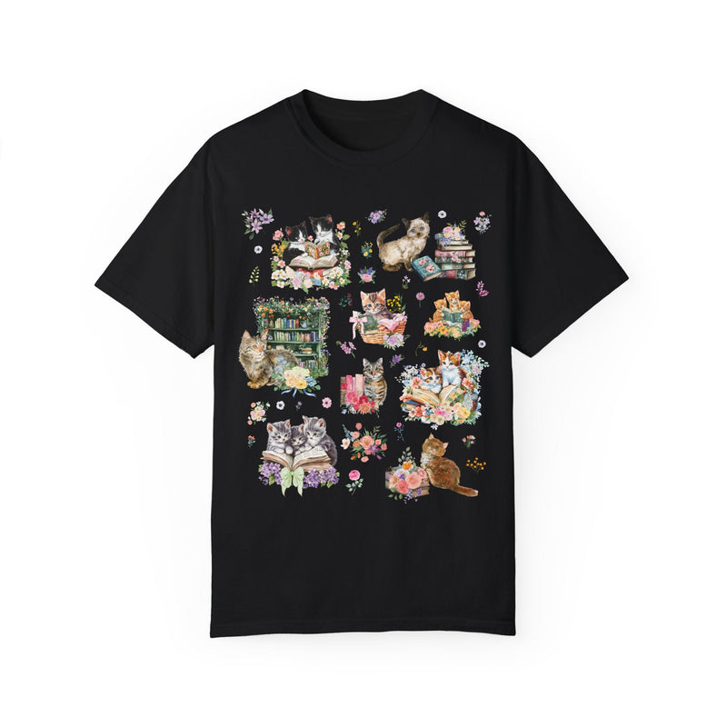 Cottagecore Cat Tee Shirt for Book Lover, Cat Mom or Cat Dad Romance Reader T-Shirt with Flowers, Goblincore Kitten Floral Tee for Bookworm - Opal and June