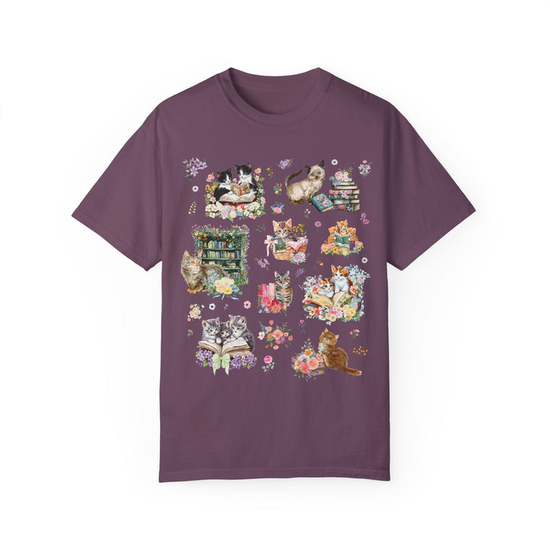 Cottagecore Cat Tee Shirt for Book Lover, Cat Mom or Cat Dad Romance Reader T-Shirt with Flowers, Goblincore Kitten Floral Tee for Bookworm - Opal and June