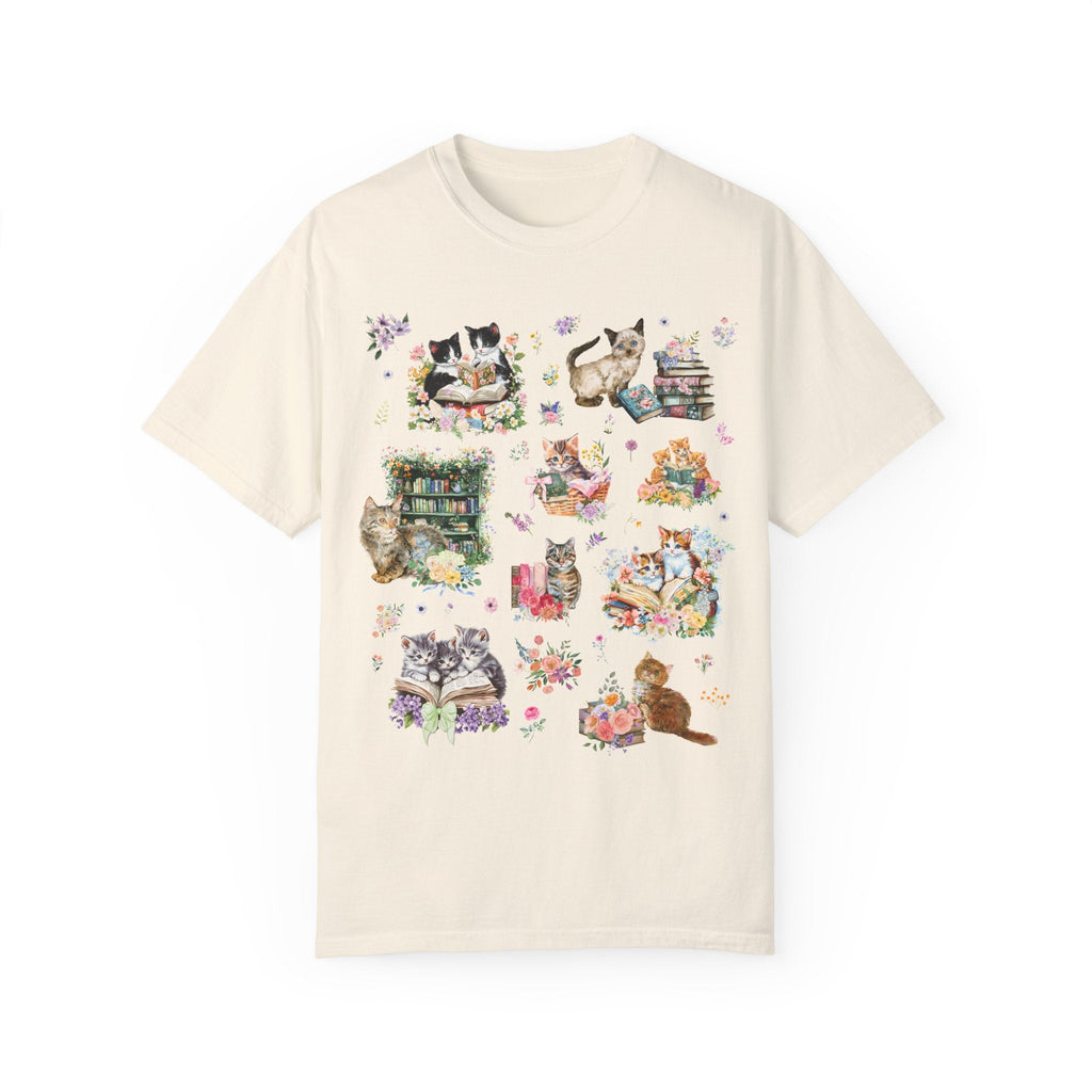 Cottagecore Cat Tee Shirt for Book Lover, Cat Mom or Cat Dad Romance Reader T-Shirt with Flowers, Goblincore Kitten Floral Tee for Bookworm - Opal and June
