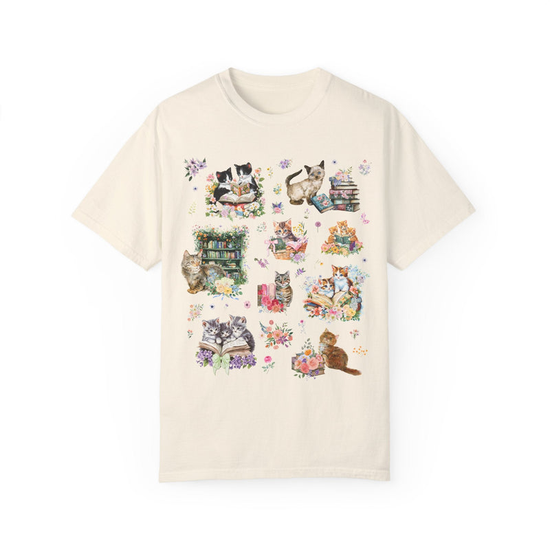 Cottagecore Cat Tee Shirt for Book Lover, Cat Mom or Cat Dad Romance Reader T-Shirt with Flowers, Goblincore Kitten Floral Tee for Bookworm - Opal and June