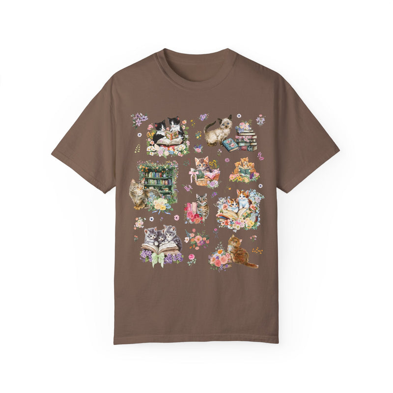 Cottagecore Cat Tee Shirt for Book Lover, Cat Mom or Cat Dad Romance Reader T-Shirt with Flowers, Goblincore Kitten Floral Tee for Bookworm - Opal and June