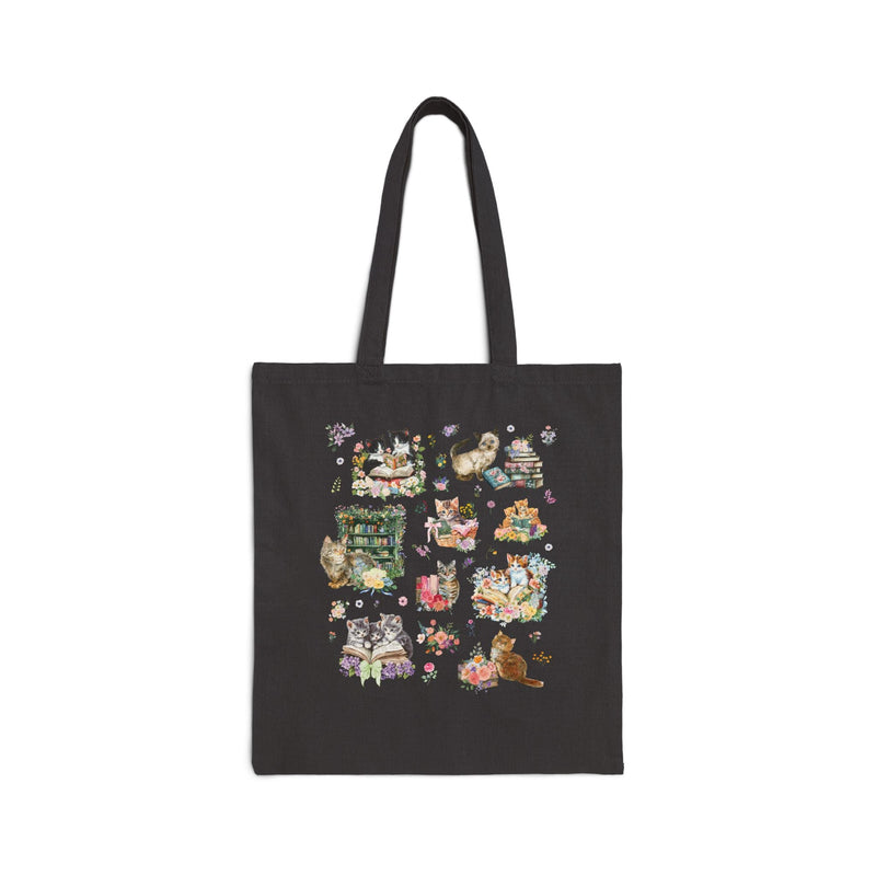 Cottagecore Cat Tote Bag for Book Lover, Cat Mom or Cat Dad Romance Reader Tote with Flowers, Goblincore Kitten Floral Gift for Bookworm - Opal and June