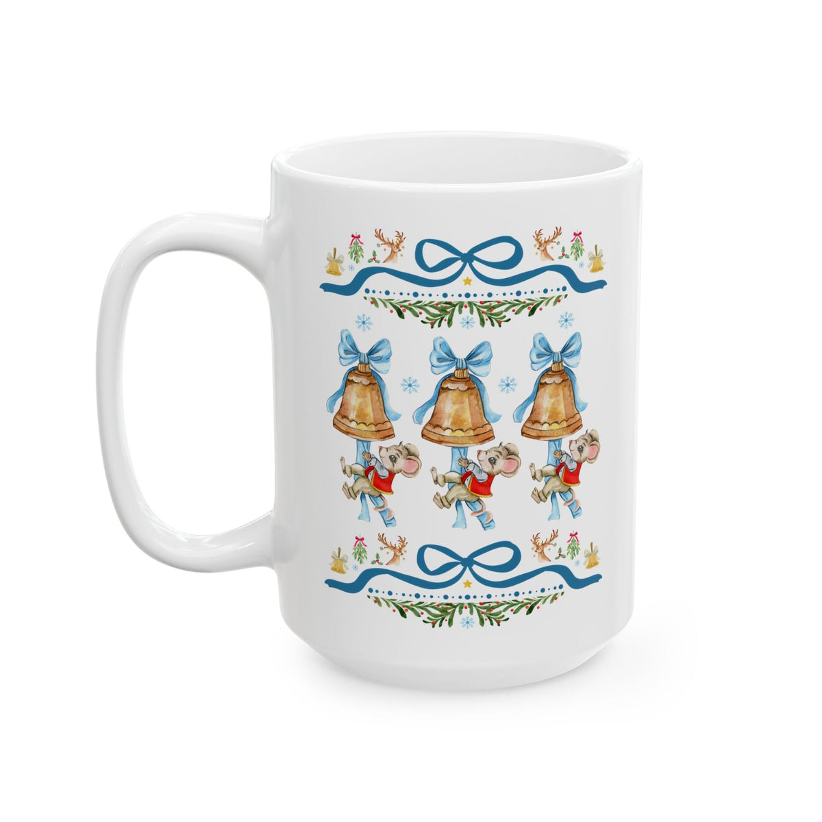 Cottagecore Christmas Mouse Coffee Mug with Cute Mouse Ringing Holiday Bells, Colorful Maximalist 90s Aesthetic 15 Oz Coffee Mug for Animal Lover - Opal and June