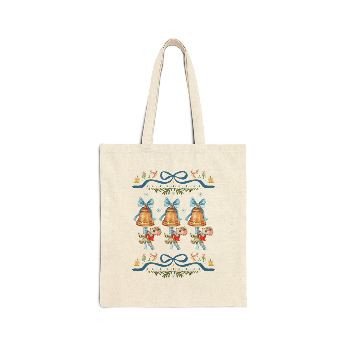 Cottagecore Christmas Mouse Tote Bag with Cute Mouse Ringing Holiday Bells, Colorful Maximalist 90s Aesthetic Tote Bag for Animal Lover - Opal and June