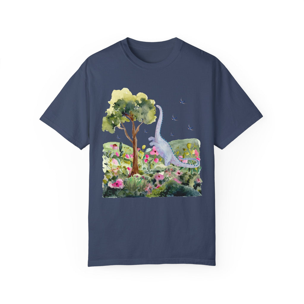 Cottagecore Dinosaur Tee Shirt with Birds: Brontosaurus in Garden | Kitschy Grandma Style Shirt, Colorful Maximalist Nineties Aesthetic Tee - Opal and June