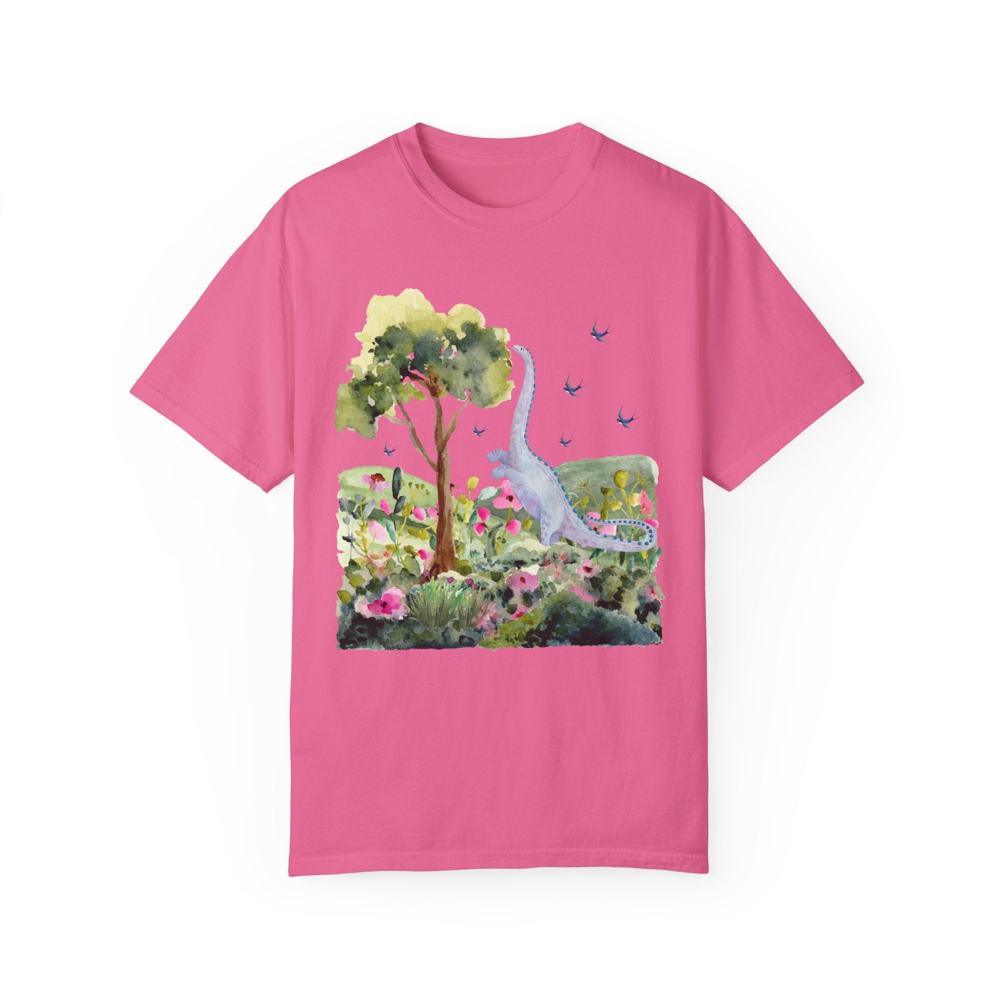 Cottagecore Dinosaur Tee Shirt with Birds: Brontosaurus in Garden | Kitschy Grandma Style Shirt, Colorful Maximalist Nineties Aesthetic Tee - Opal and June