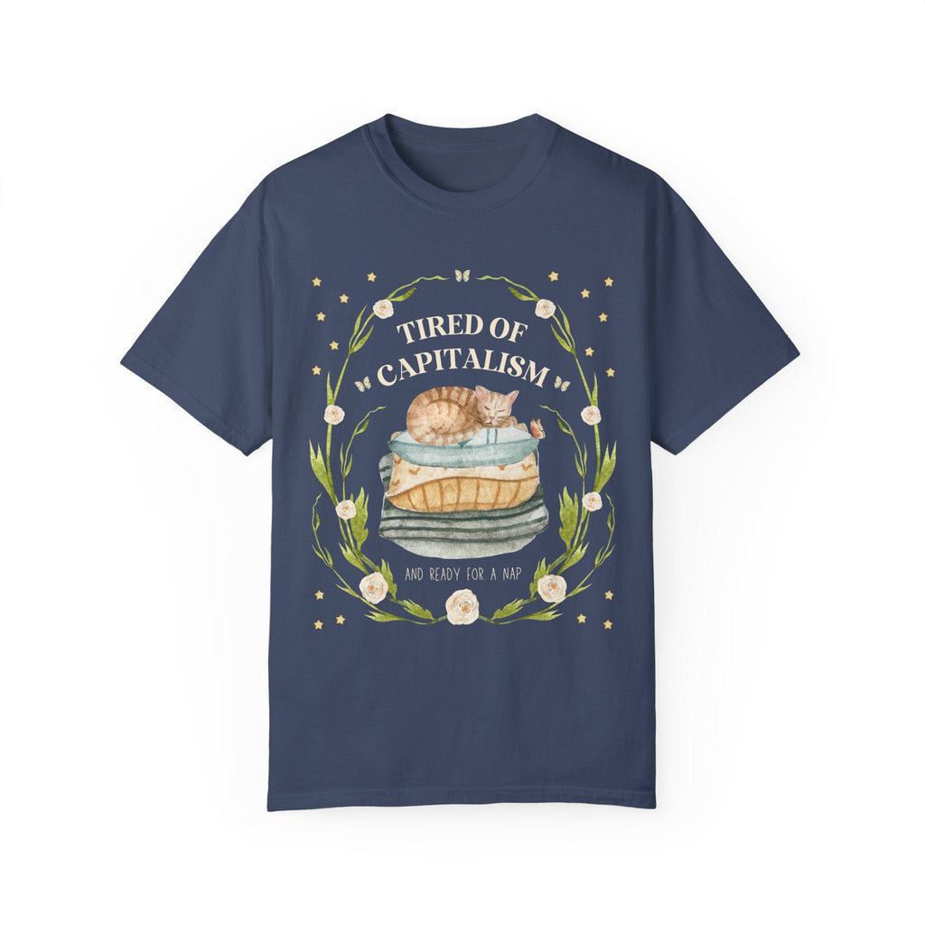 Cottagecore Leftist Tee Shirt for Cat Lovers: Tired of Capitalism | Gift for Democratic Cat Mom, Cute Social Justice Tee for Tired Activists - Opal and June