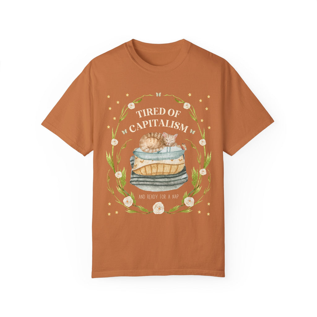 Cottagecore Leftist Tee Shirt for Cat Lovers: Tired of Capitalism | Gift for Democratic Cat Mom, Cute Social Justice Tee for Tired Activists - Opal and June