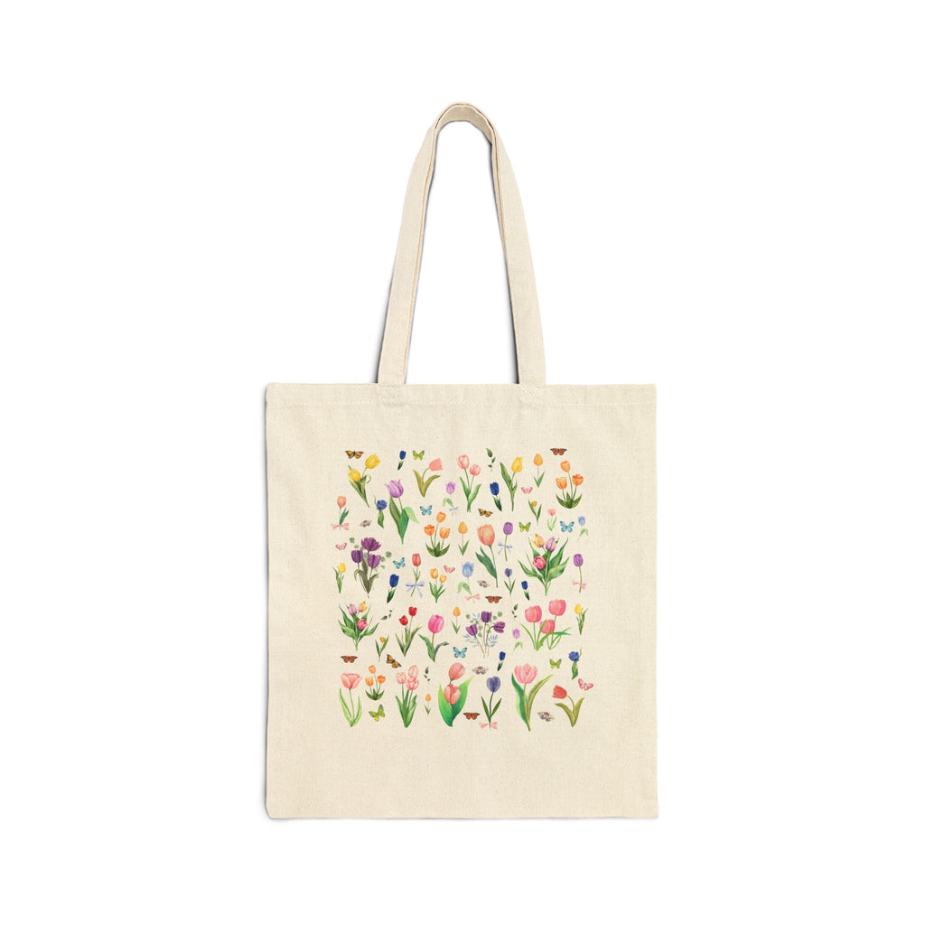Cottagecore Tulip Tote Bag with Boho Butterfly Aesthetic: Cute Whimsigoth Tote Bag for Friend Who Loves Gardening, Colorful Spring Flowers - Opal and June