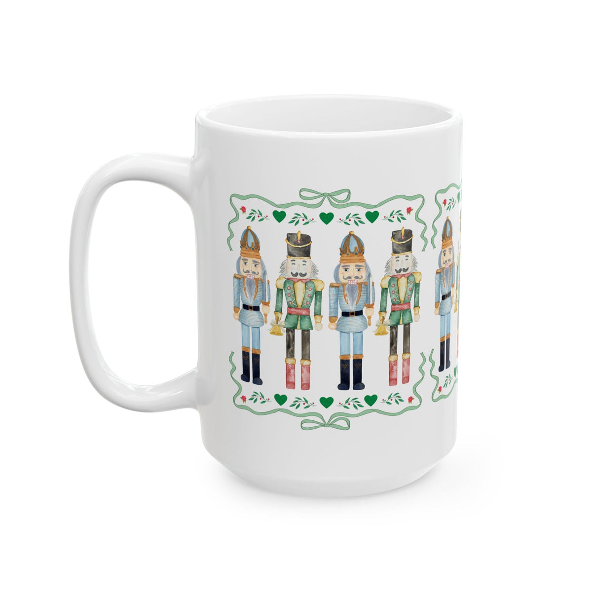 Cottagecore Watercolor Nutcracker Coffee Mug with Ribbon and Hearts: Cute and Nostalgic Traditional Christmas Nutcracker 15 Oz Coffee Mug - Opal and June