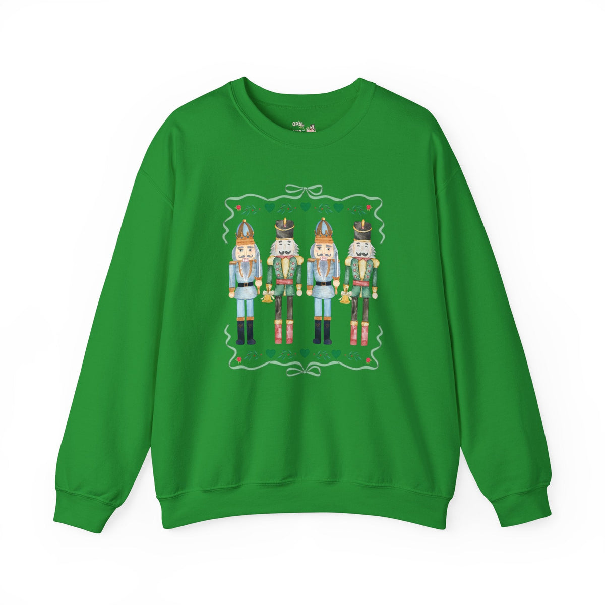 Cottagecore Watercolor Nutcracker Sweatshirt with Ribbon and Hearts: Cute and Nostalgic Traditional Christmas Nutcracker Crewneck - Opal and June