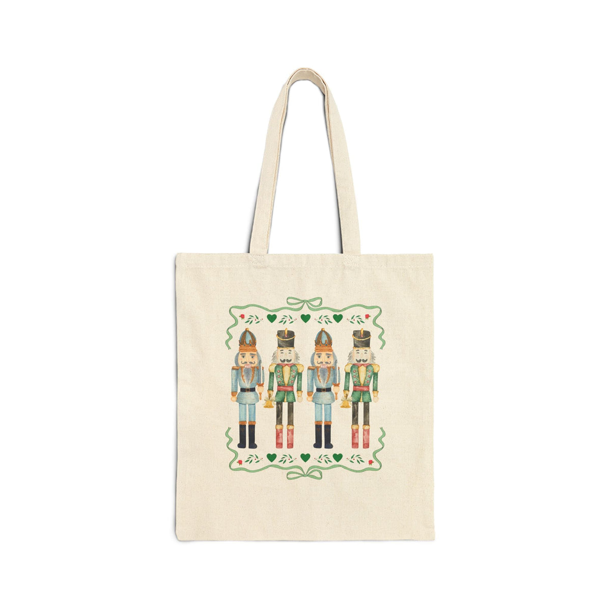 Cottagecore Watercolor Nutcracker Tote Bag with Ribbon and Hearts: Cute and Nostalgic Traditional Christmas Nutcracker Tote - Opal and June