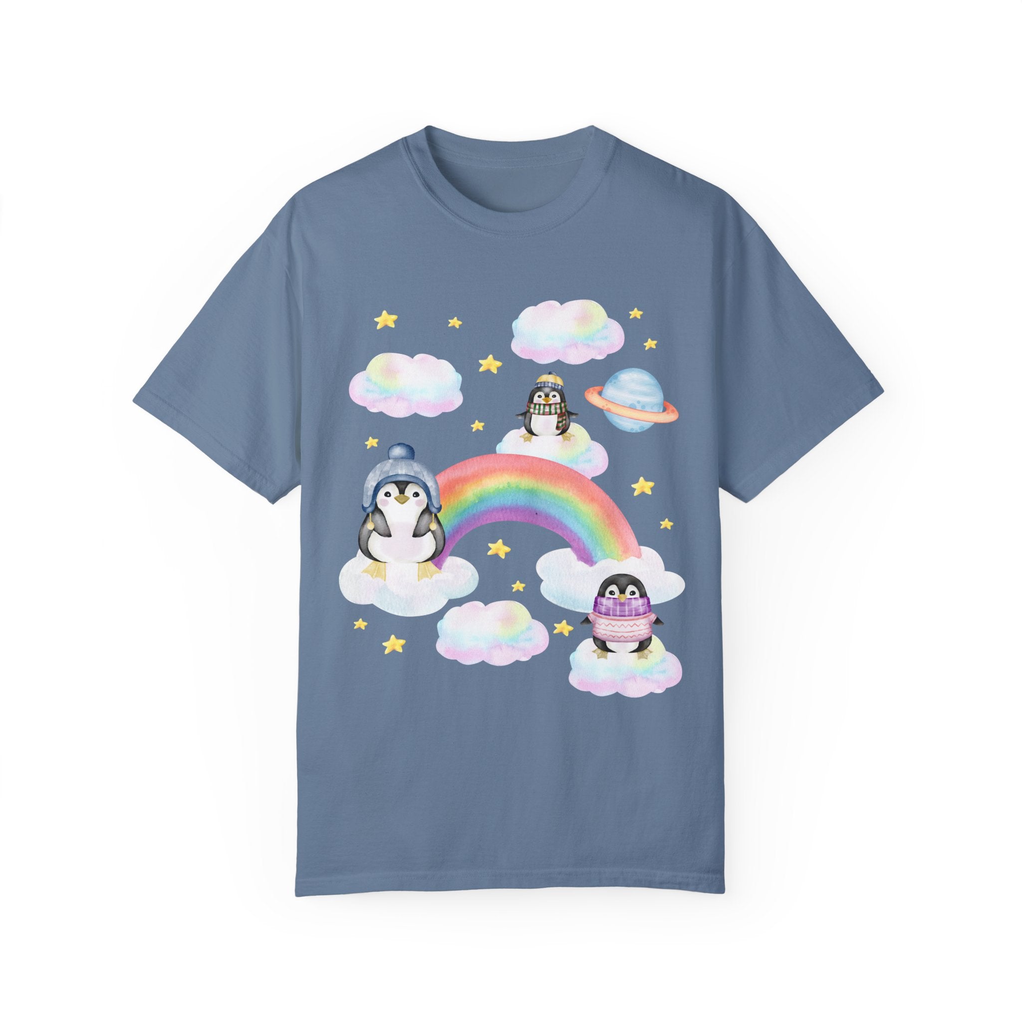 Cozy and Colorful T-Shirt for Penguin Lover: Tee with Rainbow and Mystical Stars | Funny Penguin Tee Shirt for Animal Lover, T-Shirt for Zoo - Opal and June
