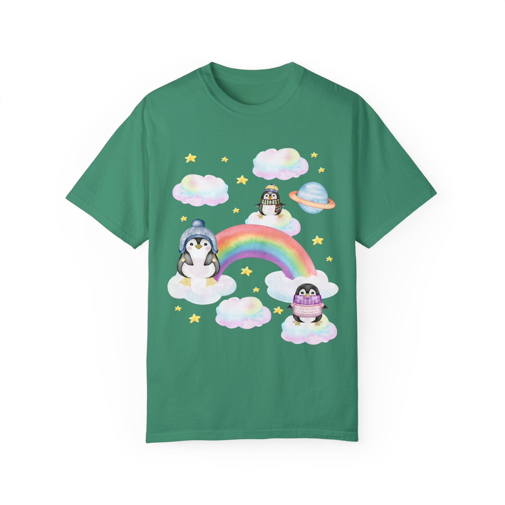 Cozy and Colorful T-Shirt for Penguin Lover: Tee with Rainbow and Mystical Stars | Funny Penguin Tee Shirt for Animal Lover, T-Shirt for Zoo - Opal and June