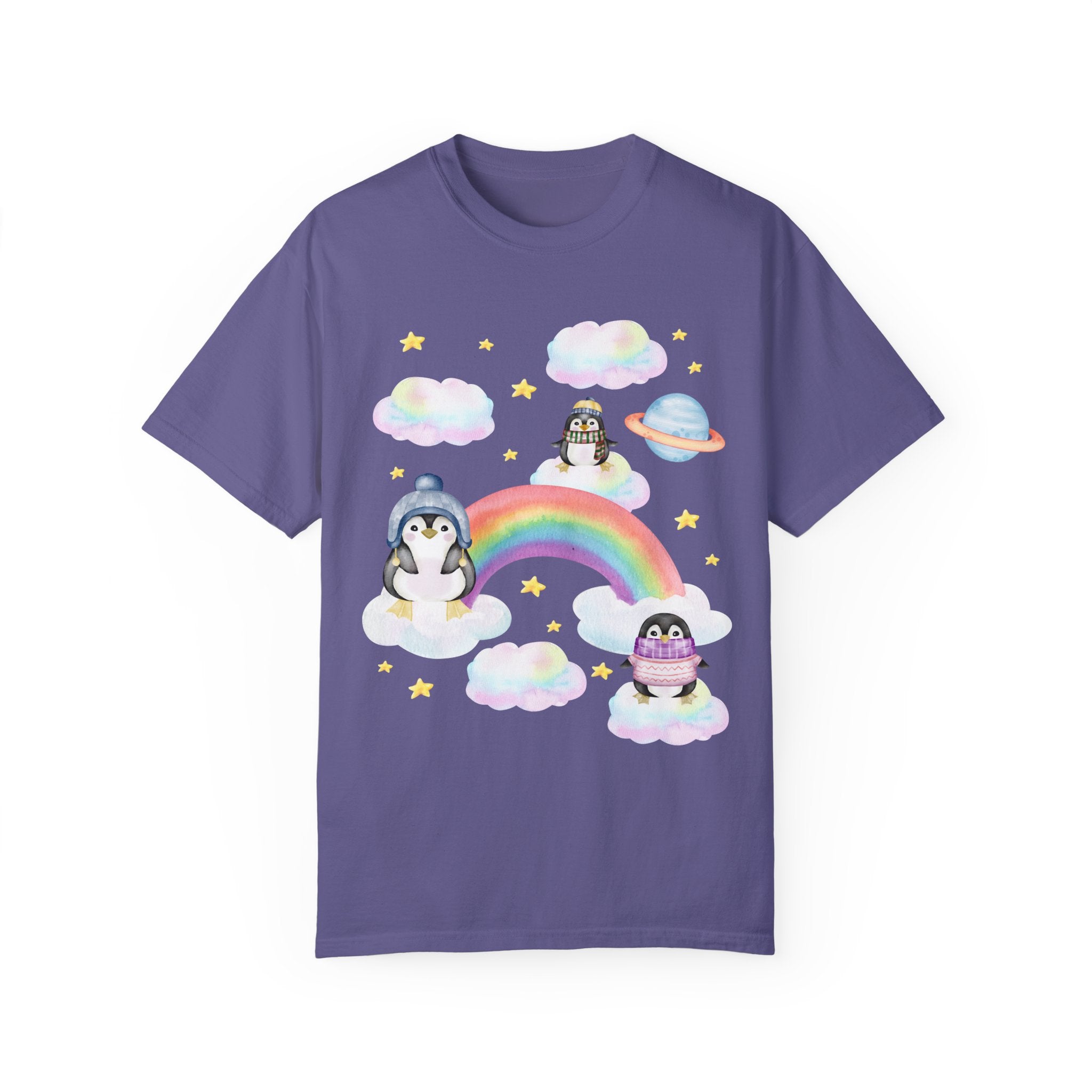 Cozy and Colorful T-Shirt for Penguin Lover: Tee with Rainbow and Mystical Stars | Funny Penguin Tee Shirt for Animal Lover, T-Shirt for Zoo - Opal and June