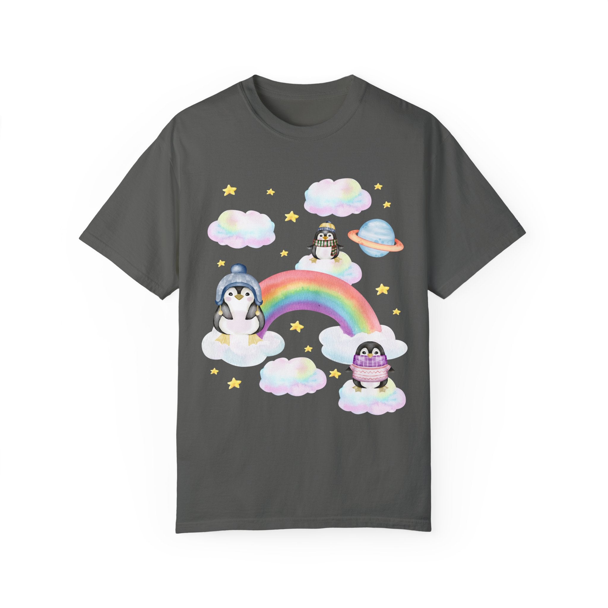 Cozy and Colorful T-Shirt for Penguin Lover: Tee with Rainbow and Mystical Stars | Funny Penguin Tee Shirt for Animal Lover, T-Shirt for Zoo - Opal and June
