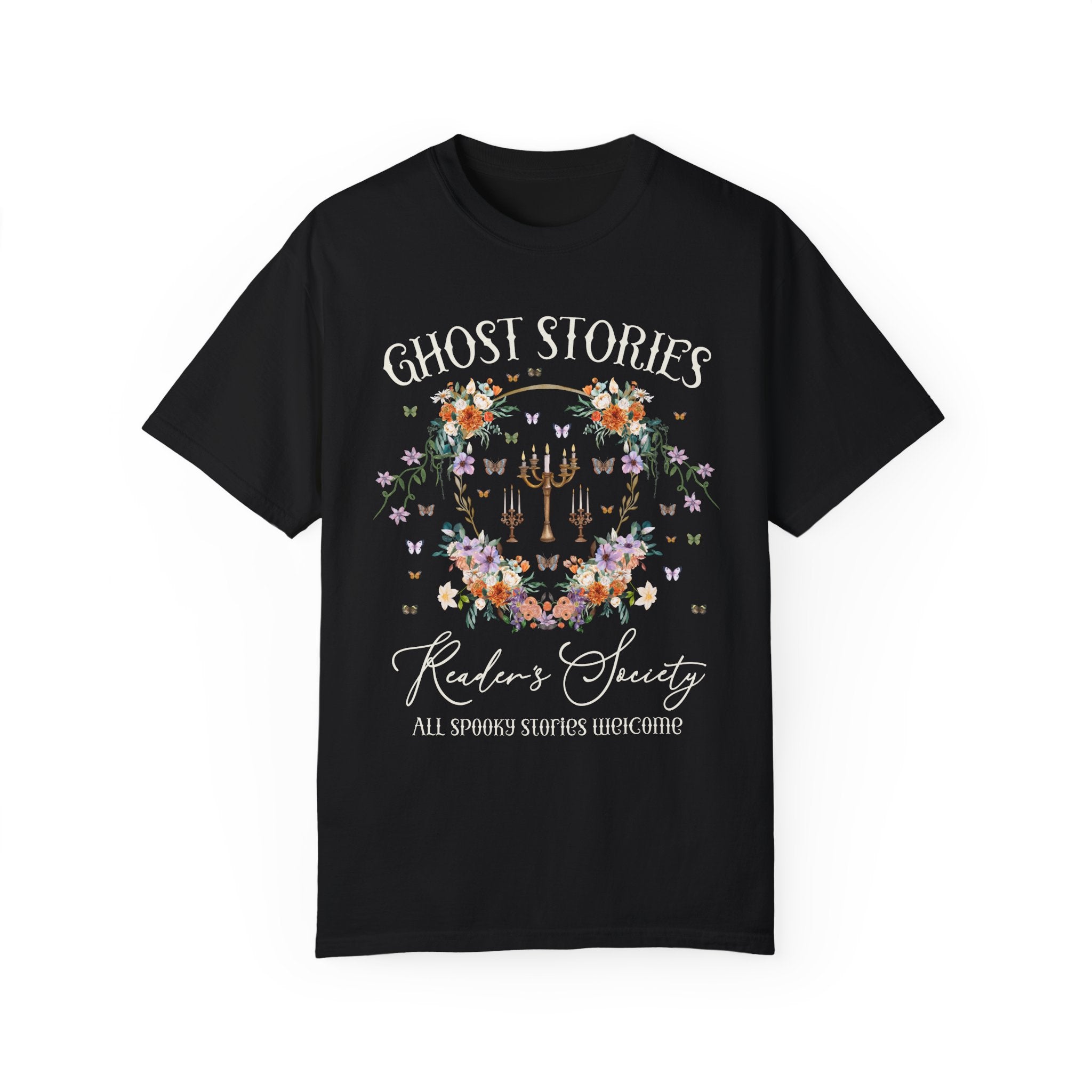 Cozy Bookish Tee Shirt for Halloween or Romance Reader Who Loves Spooky Books: Ghost Stories Reader's Society, Cottagecore Book Lover Gift - Opal and June