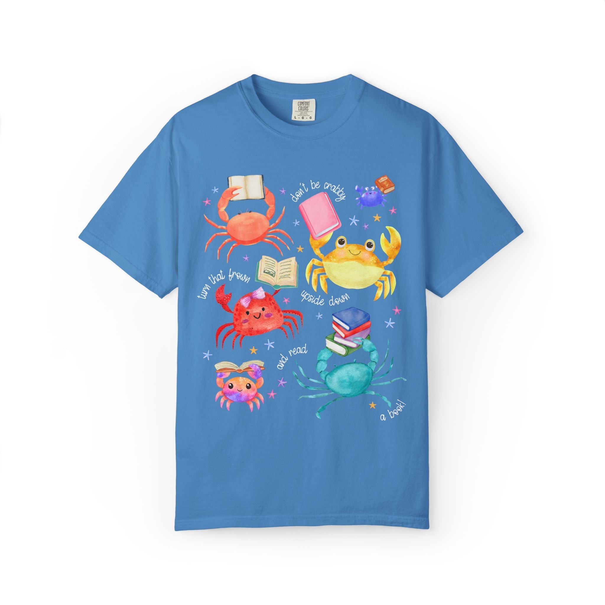 Crab Reading Teacher or School Librarian Tee Shirt: Read a Book! Silly 90s Aesthetic Colorful Maximalist Tee for Bookworm or Romance Reader - Opal and June