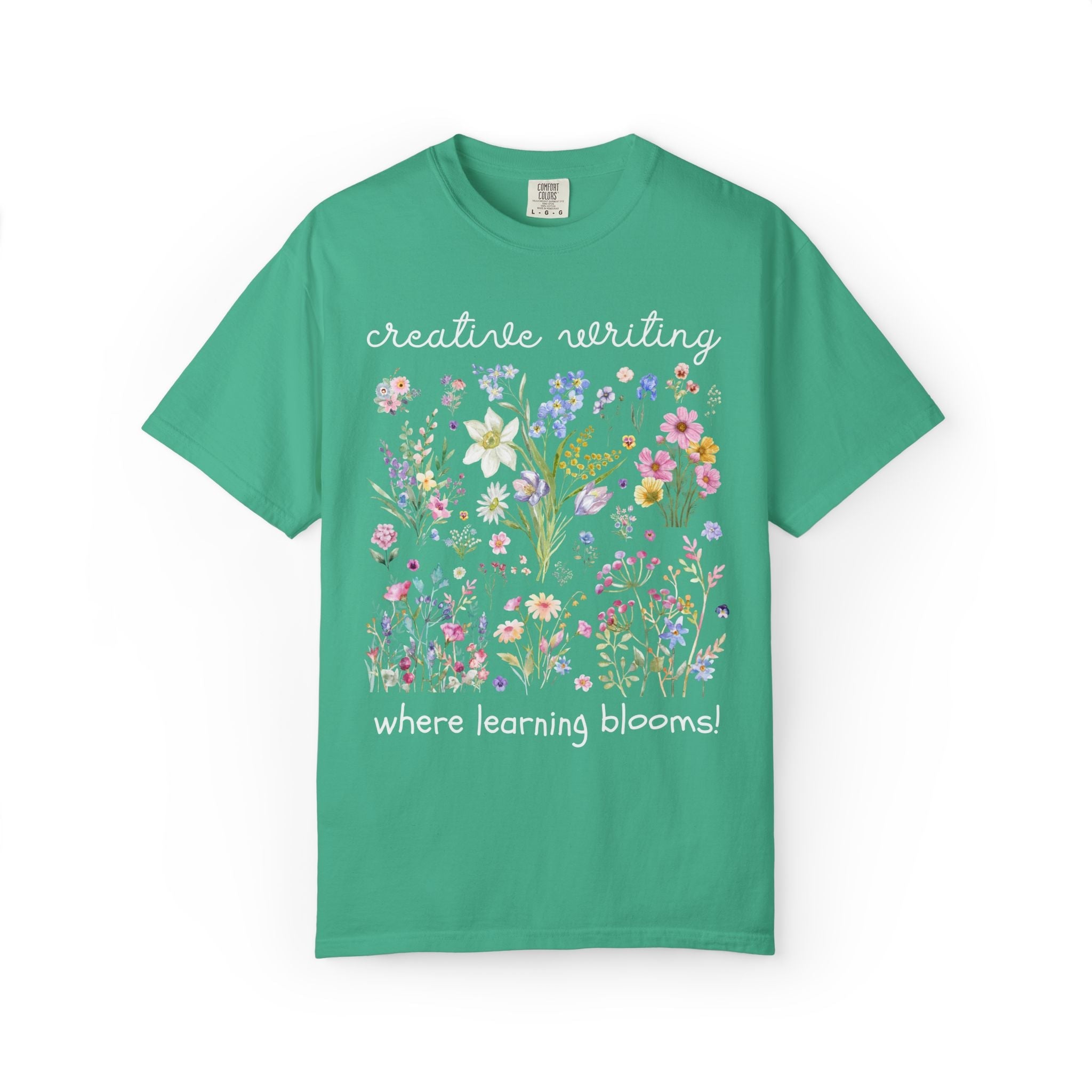 Creative Writing Teacher Vintage Botanical Tee Shirt: Where Learning Blooms! | Boho Cottagecore Matching Fairycore T-Shirt with Pressed Flowers, Soft Girl Style - Opal and June