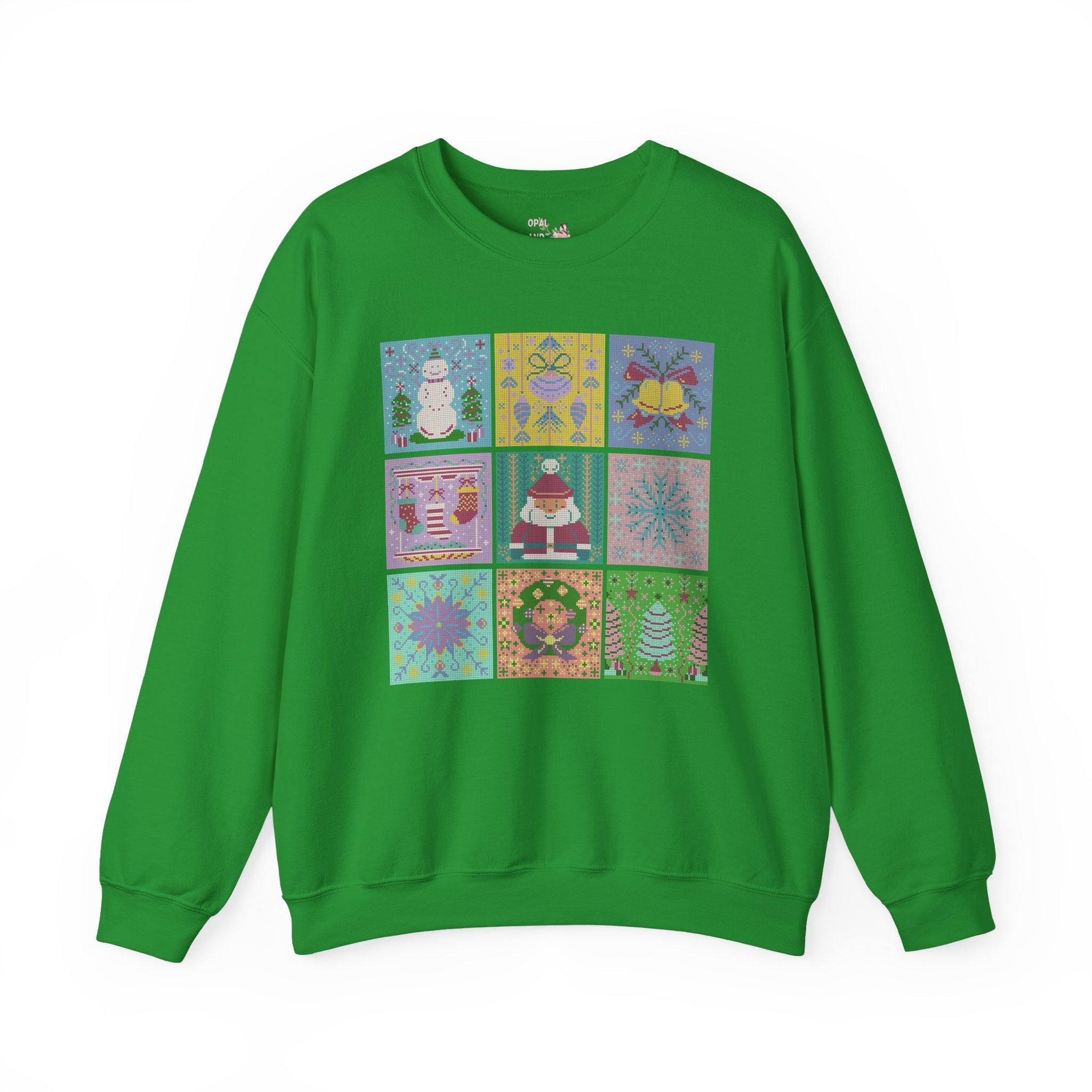 Cross Stitch Style Christmas Sweatshirt: Cute Pastel Xmas Shirt for Holiday Party | Colorful Retro Aesthetic Shirt with Santa and Snowman - Opal and June