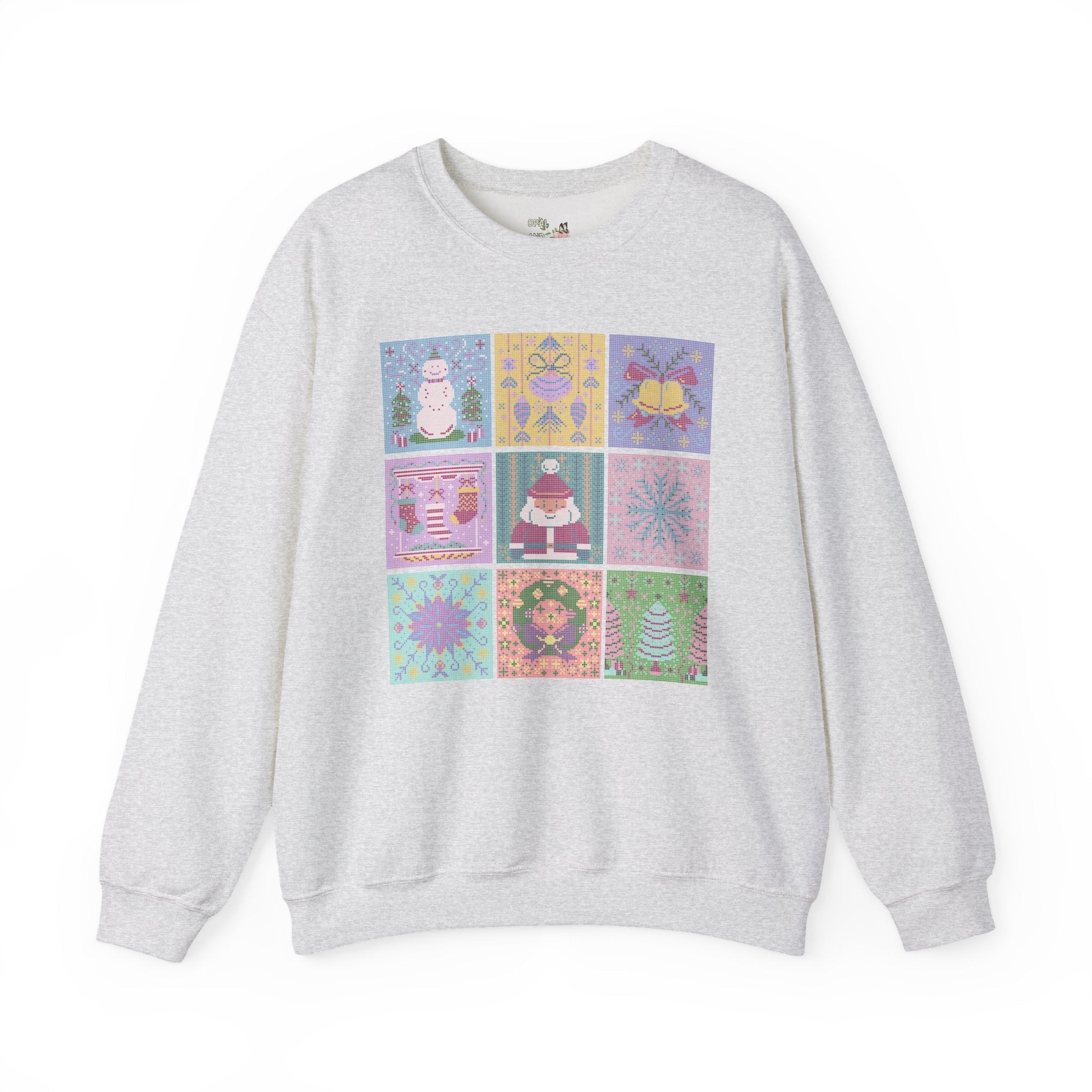 Cross Stitch Style Christmas Sweatshirt: Cute Pastel Xmas Shirt for Holiday Party | Colorful Retro Aesthetic Shirt with Santa and Snowman - Opal and June