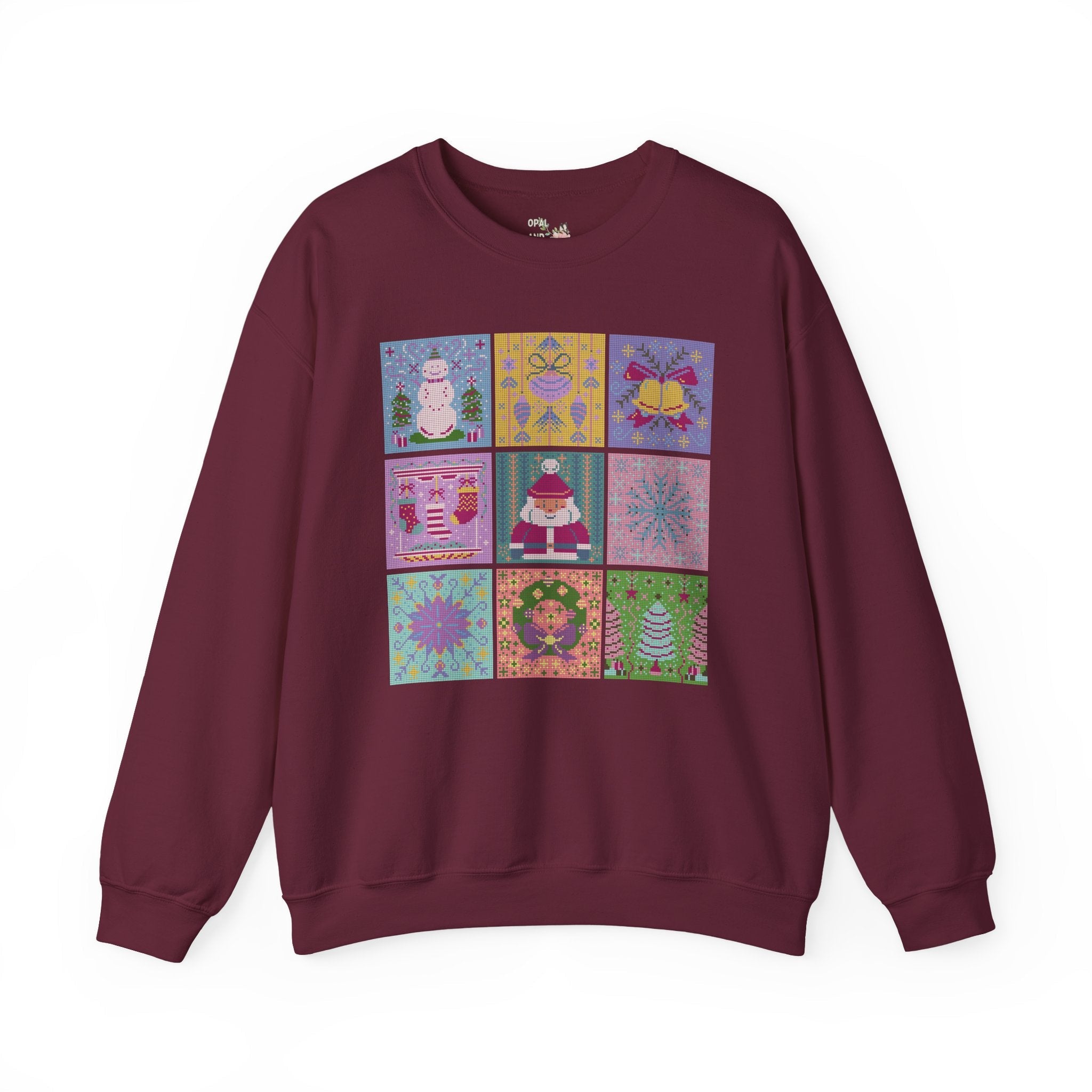 Cross Stitch Style Christmas Sweatshirt: Cute Pastel Xmas Shirt for Holiday Party | Colorful Retro Aesthetic Shirt with Santa and Snowman - Opal and June