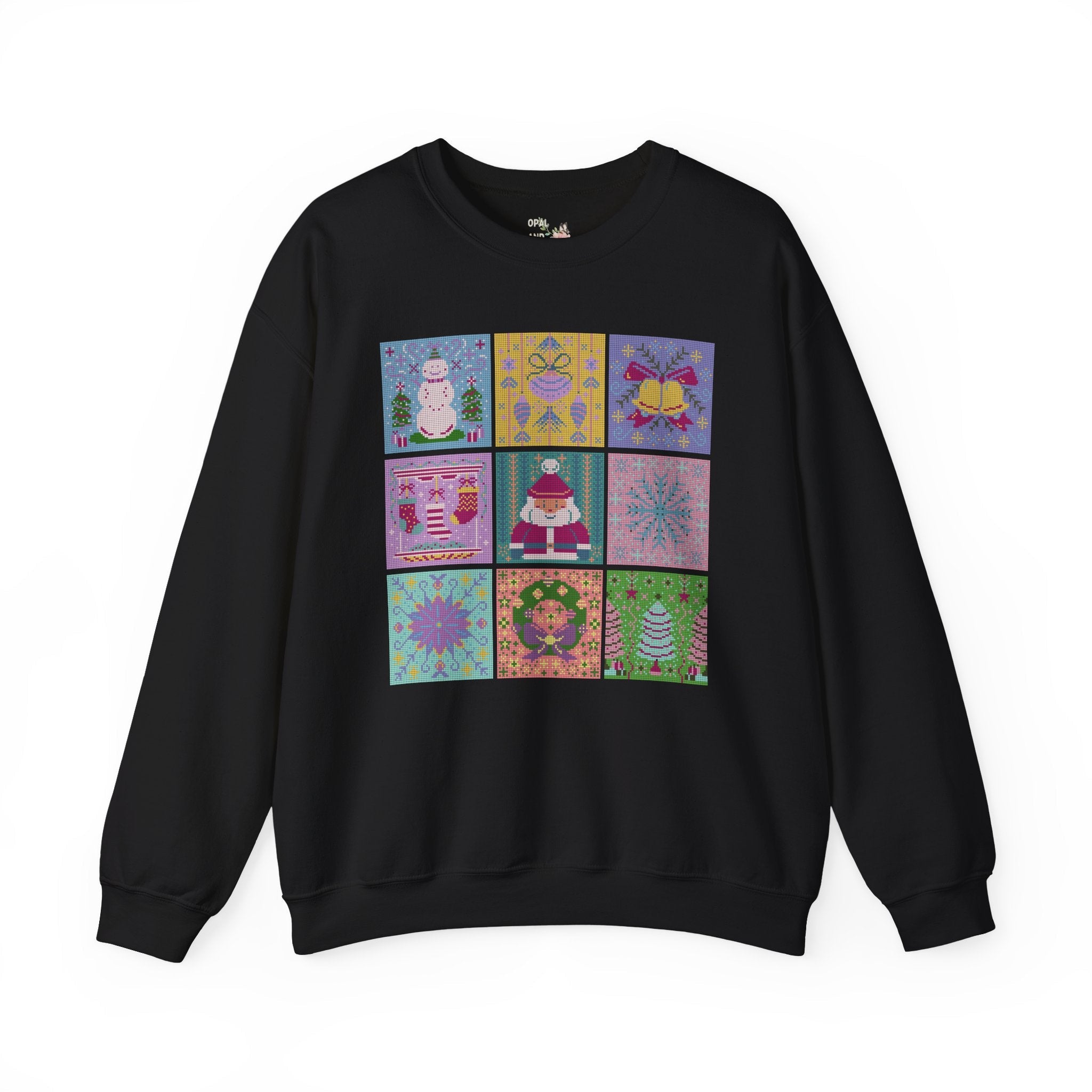 Cross Stitch Style Christmas Sweatshirt: Cute Pastel Xmas Shirt for Holiday Party | Colorful Retro Aesthetic Shirt with Santa and Snowman - Opal and June