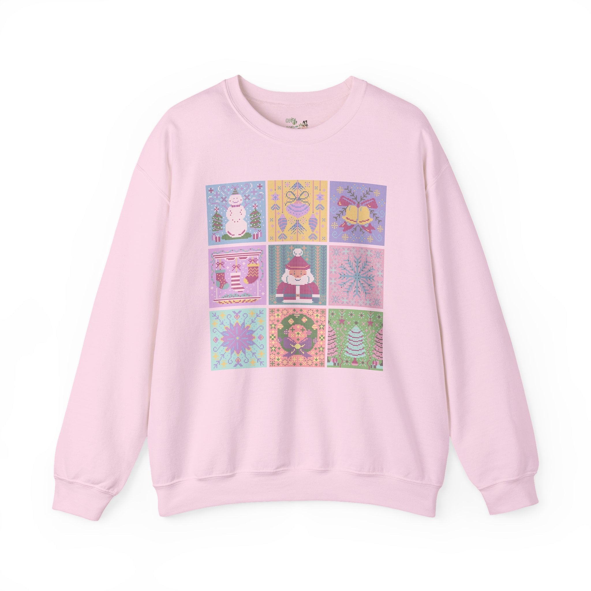 Cross Stitch Style Christmas Sweatshirt: Cute Pastel Xmas Shirt for Holiday Party | Colorful Retro Aesthetic Shirt with Santa and Snowman - Opal and June