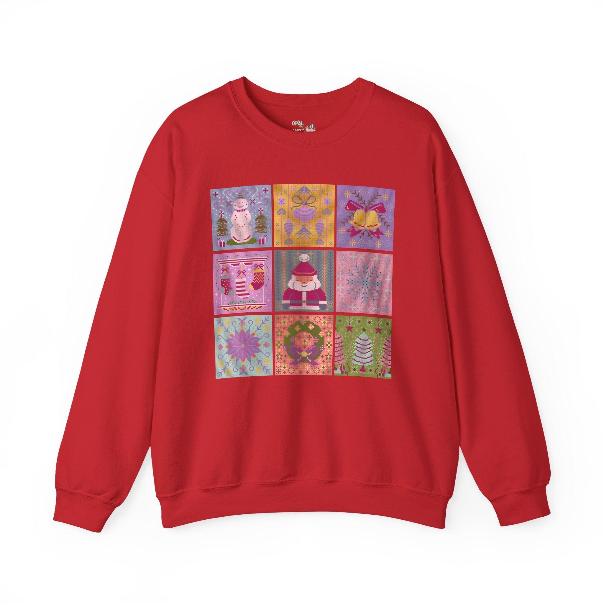 Cross Stitch Style Christmas Sweatshirt: Cute Pastel Xmas Shirt for Holiday Party | Colorful Retro Aesthetic Shirt with Santa and Snowman - Opal and June