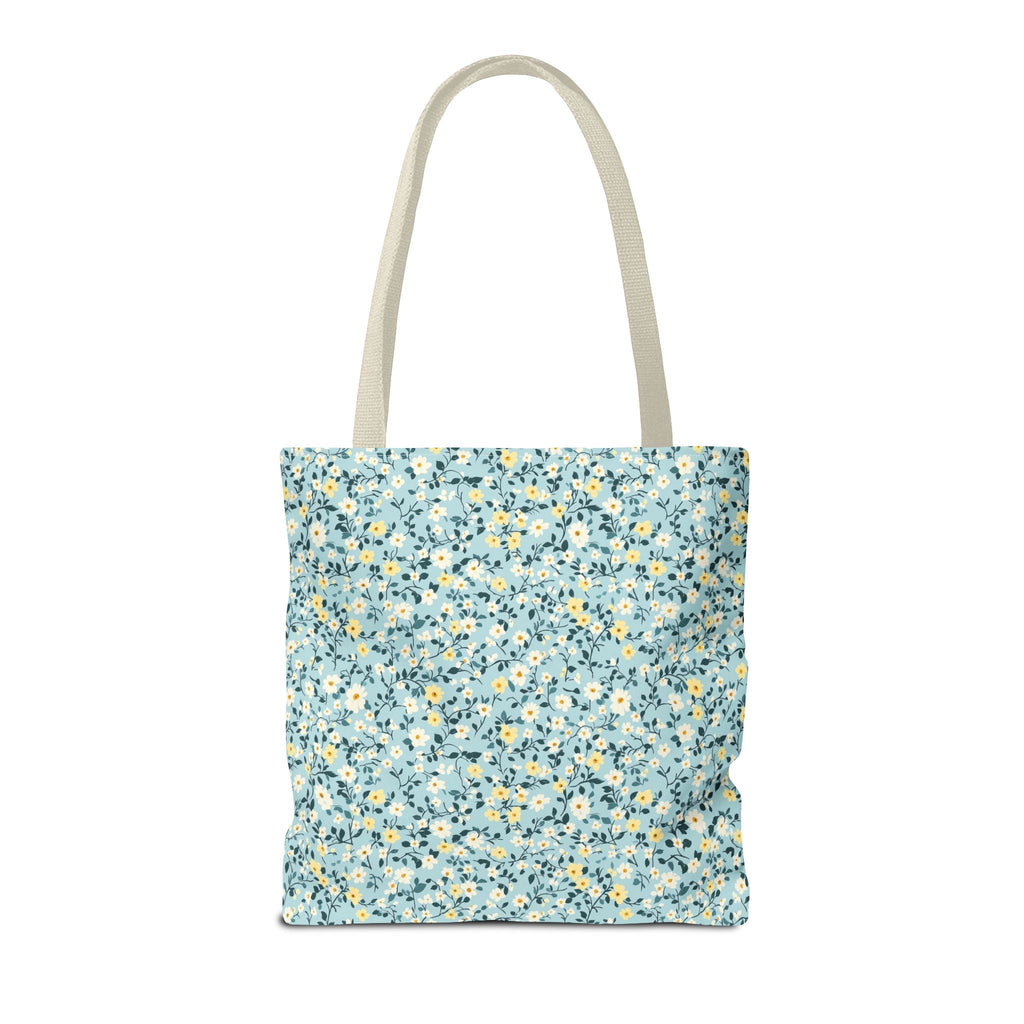 Custom Gingham Initial Tote Bag with Blue and Yellow Flowers, Cute Blue Gingham Pattern, Wildflower Retro Aesthetic Tote Bag with Letter - Opal and June