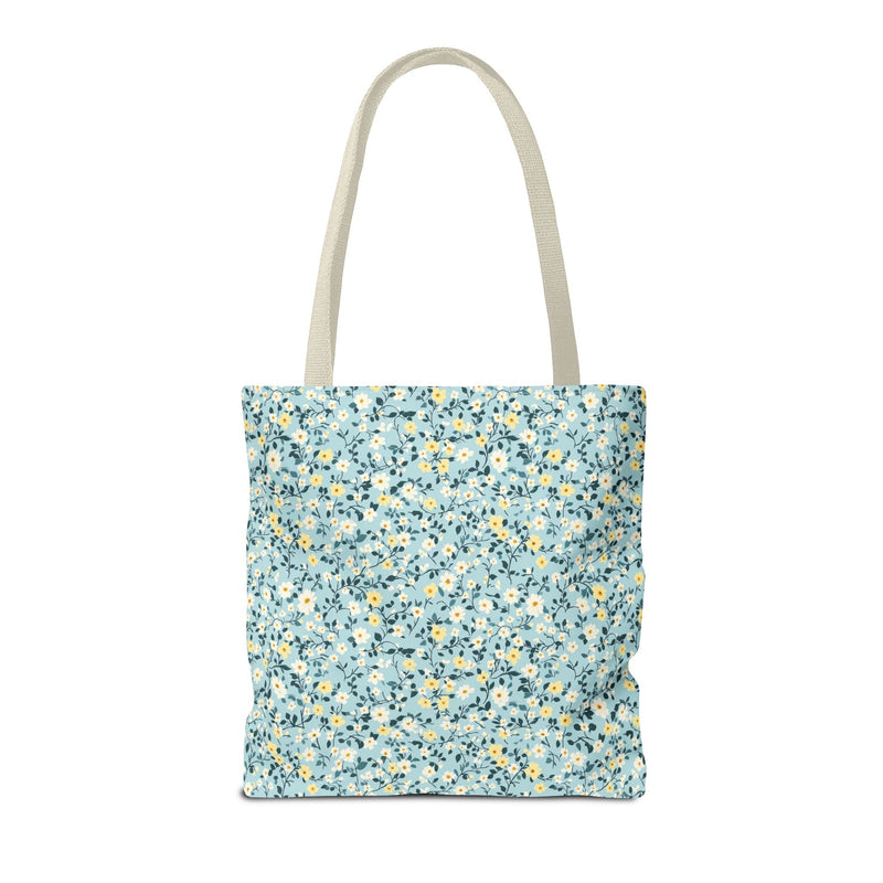 Custom Gingham Initial Tote Bag with Blue and Yellow Flowers, Cute Blue Gingham Pattern, Wildflower Retro Aesthetic Tote Bag with Letter - Opal and June