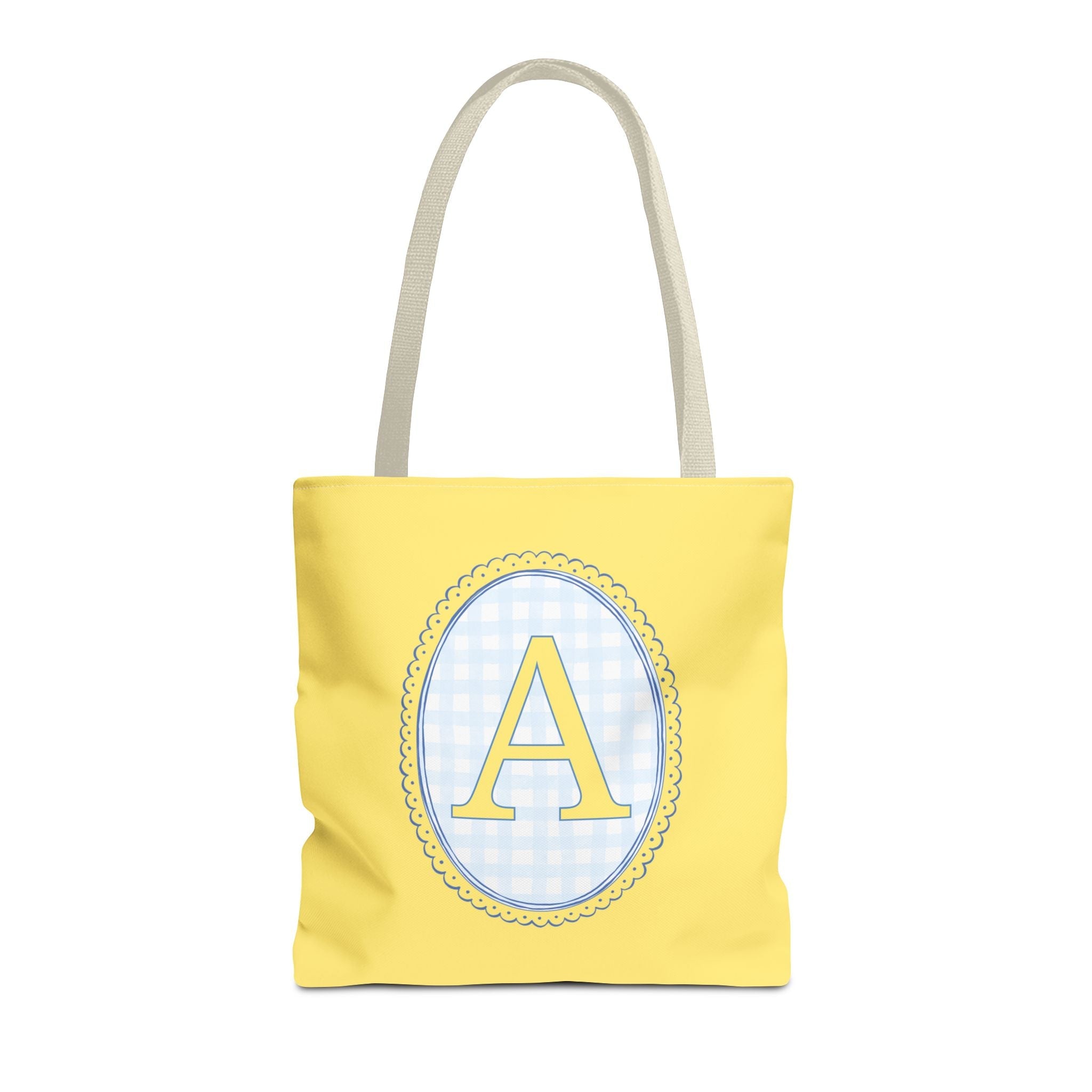 Custom Gingham Initial Tote Bag with Blue and Yellow Flowers, Cute Blue Gingham Pattern, Wildflower Retro Aesthetic Tote Bag with Letter - Opal and June