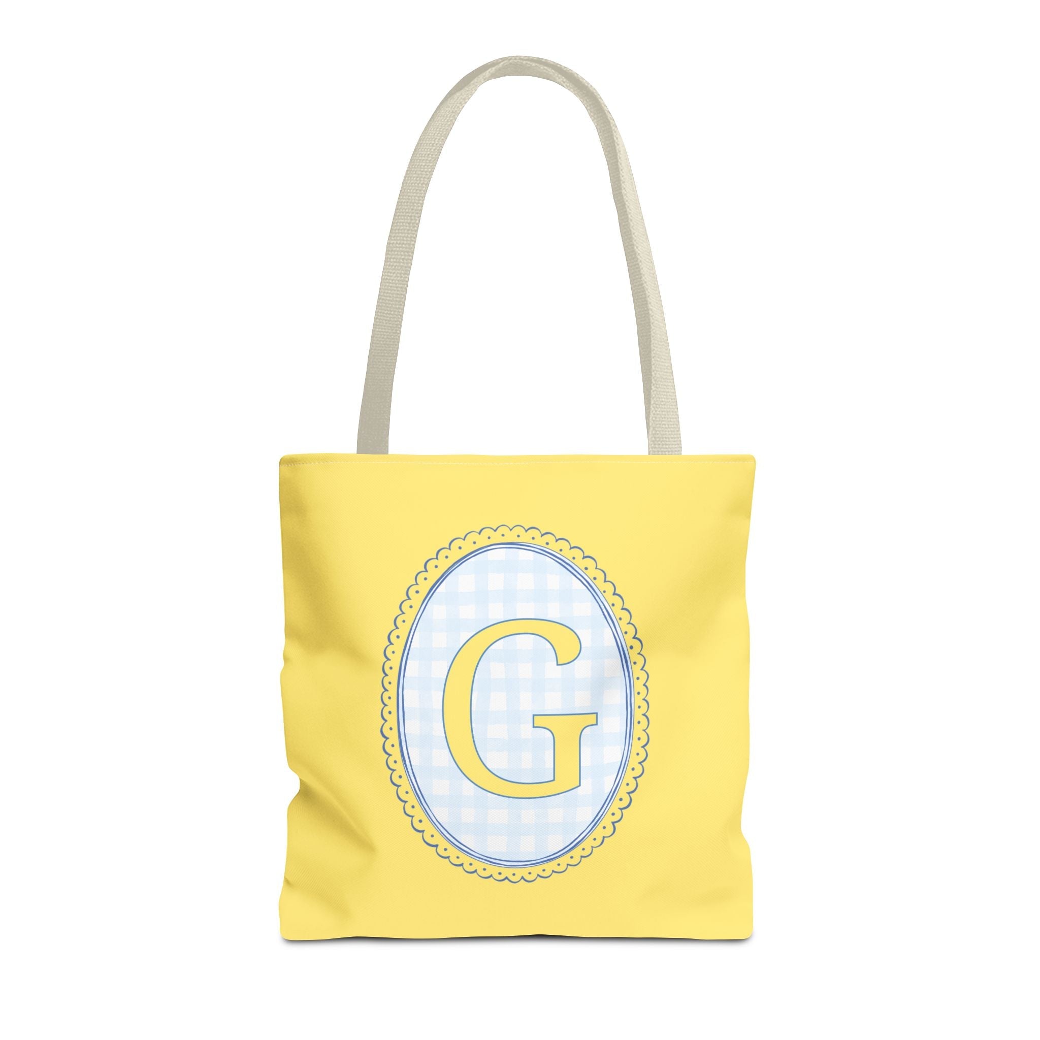 Custom Gingham Initial Tote Bag with Blue and Yellow Flowers, Cute Blue Gingham Pattern, Wildflower Retro Aesthetic Tote Bag with Letter: G - Opal and June