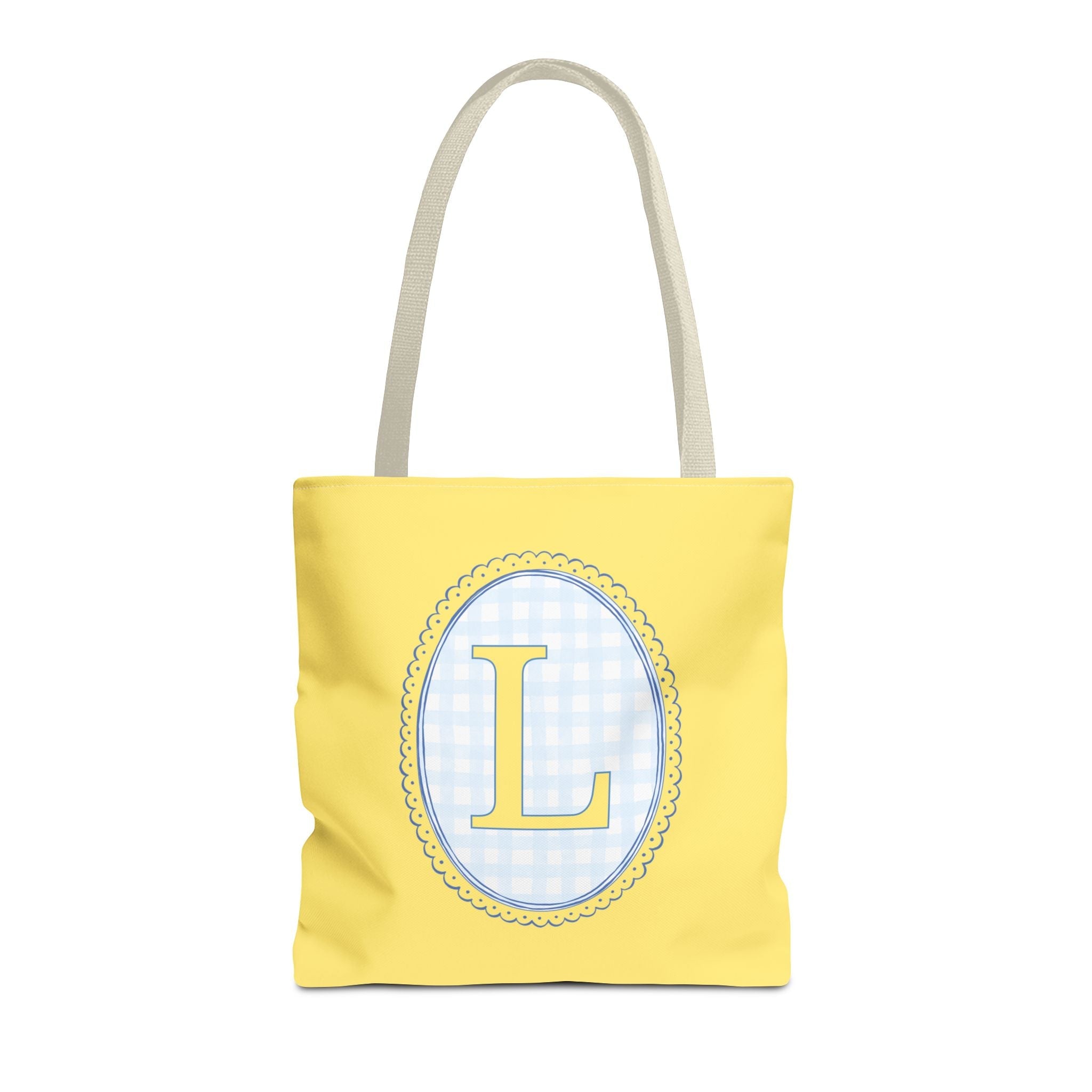 Custom Gingham Initial Tote Bag with Blue and Yellow Flowers, Cute Blue Gingham Pattern, Wildflower Retro Aesthetic Tote Bag with Letter: L - Opal and June