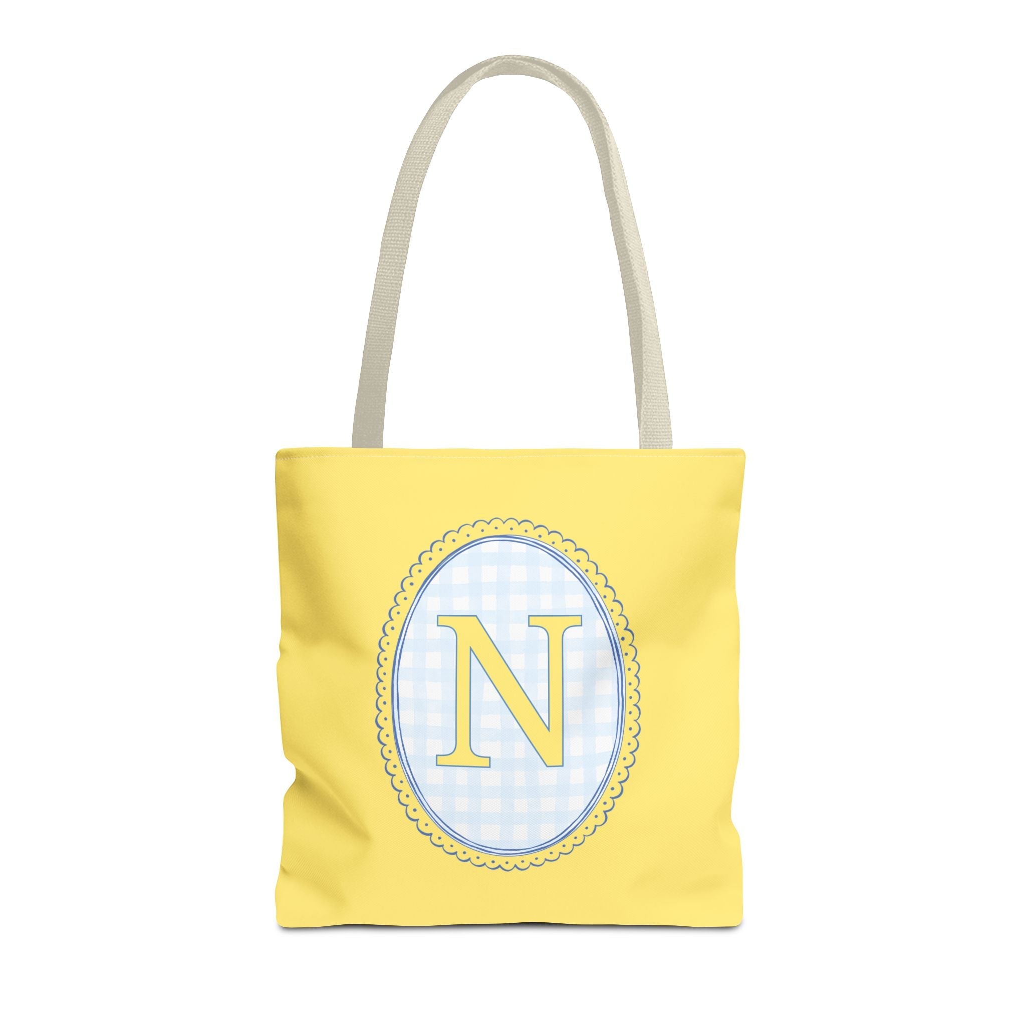 Custom Gingham Initial Tote Bag with Blue and Yellow Flowers, Cute Blue Gingham Pattern, Wildflower Retro Aesthetic Tote Bag with Letter: N - Opal and June