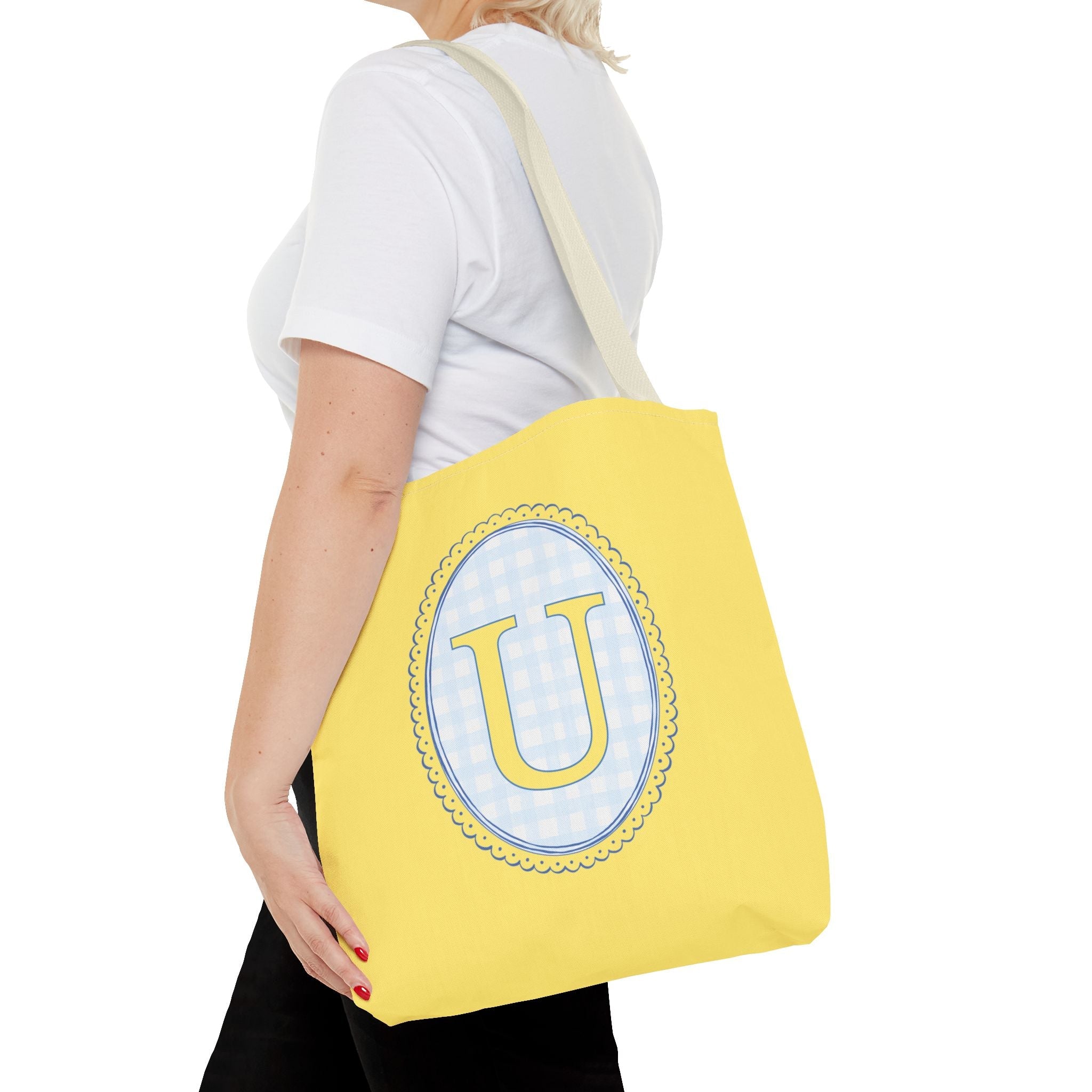Custom Gingham Initial Tote Bag with Blue and Yellow Flowers, Cute Blue Gingham Pattern, Wildflower Retro Aesthetic Tote Bag with Letter: U - Opal and June