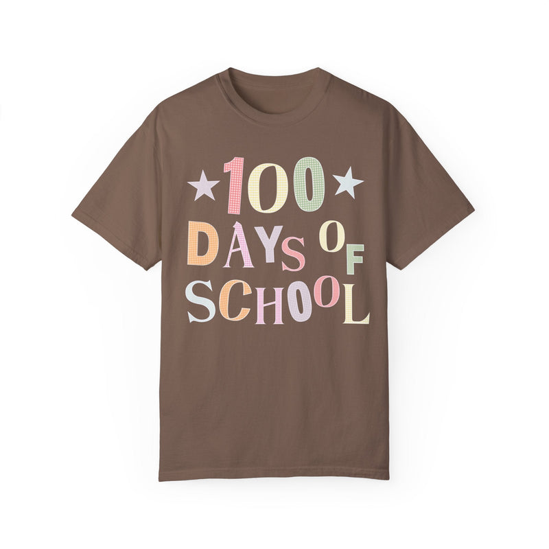 Cute 100 Day of School T-Shirt, Gingham Pattern and Stars, Colorful Kindergarten Crew Matching Shirt, Funny Teacher Tee, Celebrate 100th Day - Opal and June